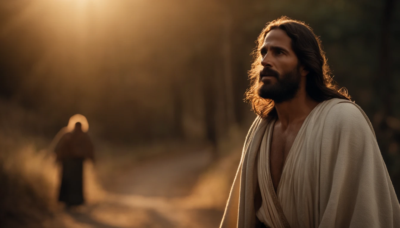 um homem do tempo de jesus caminhando e a sua frente vai um anjo