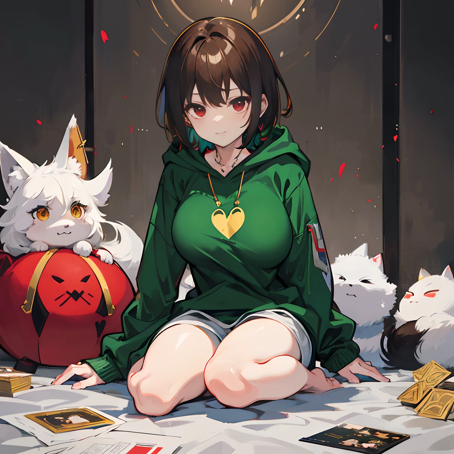 undertale，chara，solo person，Lone wolf，shadowy，Grinning，red - eyed，Sick，morden，Cold-blooded killer，Green hood，Green sweater，brown shorts，daggers，stocklings，Full body standing painting，with short brown hair，Be red in the face，Hand repair，the detail，k hd，Gold love heart necklace，Close to the original，illustration，CG，anime big breast，quadratic element（Optimal image quality，tmasterpiece，sexual appetite）