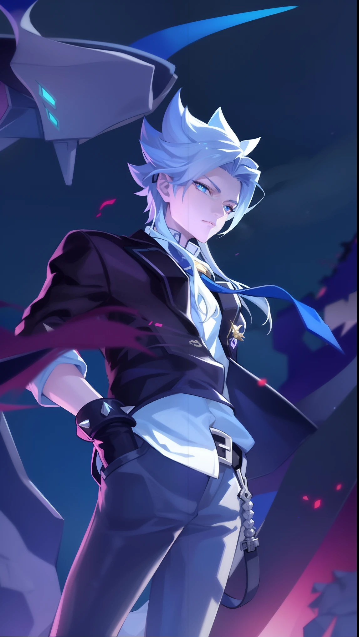 a close up of a person standing in front of a blue and purple background, trigger anime artstyle, keqing from genshin impact, handsome anime pose, handsome guy in demon slayer art, male anime character, key anime art, beautiful androgynous prince, delicate androgynous prince, tall anime guy with blue eyes, 2 d anime style