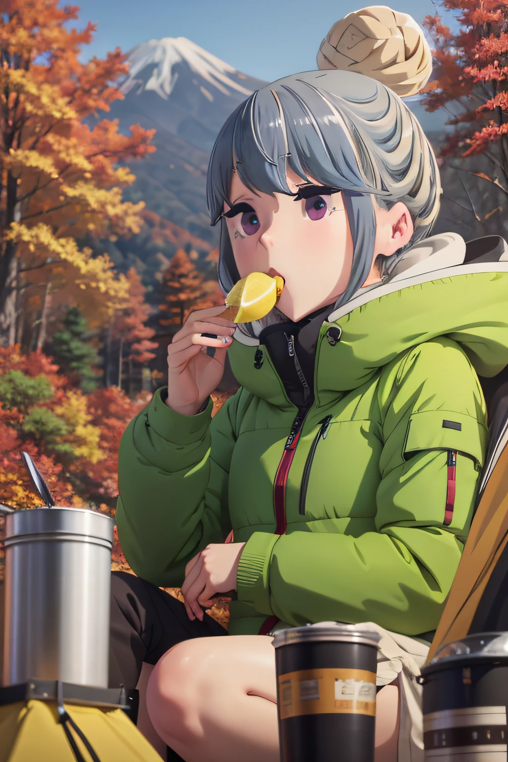 Camping, japanese anime style, blond, green eyes, cute girl, eating a lemon, autumn, mount fuji lake