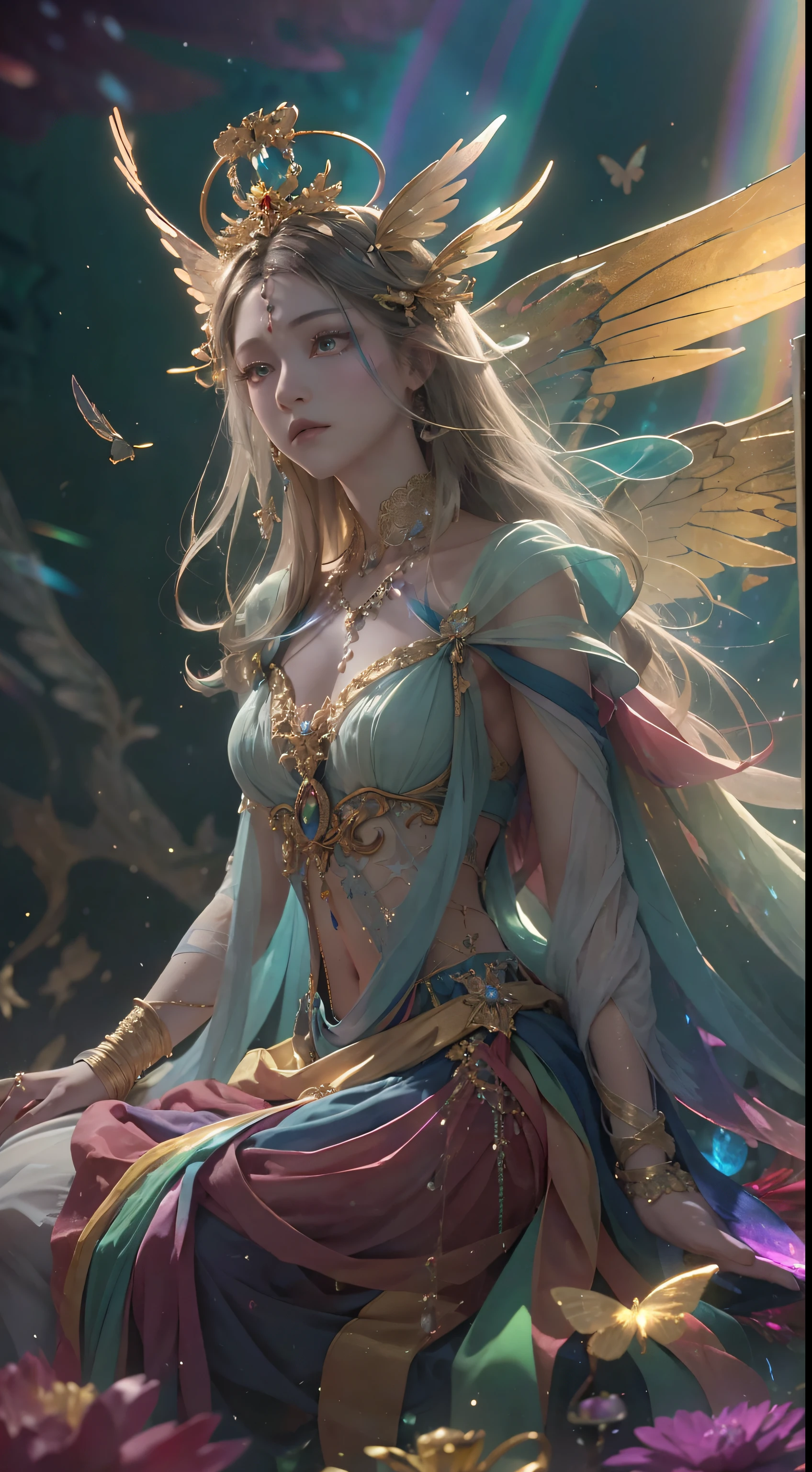 (((masterpiece))), (((best quality))), ((ultra-detailed)),(highly detailed CG illustration), ((an extremely delicate and beautiful)),cinematic light, Create a stunning fantasy artwork that mimics the style of currently trending masters of the genre. The art piece should contain elements of both mythic fantasy and fairytale fantasy with dreamy rainbow accents. ((Utilize the rainbow as the main color scheme.)) The character in the artwork is a delicate but strong petite figure with an aura of mystery and magic and (beautiful translucent rainbow wings). Pay close attention to intricate facial features, such as mesmerizing eyes with vibrant colors and bold shading. The character's clothing should be designed with gossamer feathers, silk, stunning embroidery, and subtle iridescent details. Incorporate (((translucent rainbows))), dreamy colors, dynamic lighting, and detailed background elements to create a sense of awe and immersion. Include colorful flying magical birds and jewel-toned rainbow butterflies radiating a magical aura. Consider the latest trends in fantasy art, such as incorporating unique lighting effects, exploring dynamic and compelling composition techniques, and experimenting with unique color palettes. Take inspiration from the top artists on ArtStation and Midjourney. Camera: Choose an angle that highlights the character's beauty and enhances the magical majesty of the artwork. Lighting: Utilize atmospheric lighting techniques to create depth and mood. Resolution: Aim for a high-resolution artwork to showcase intricate details and clarity. Art Inspirations: Seek inspiration from the trending artists on ArtStation, exploring different styles, genres, and themes,(8K, RAW photo, highest quality),Realistic,facade,Intricate detail,Extremely detailed eyes and eyelashes,Portrait,Close-up,, digital SLR camera, super quality, Fujifilm realistic, vivid details, surreal, beautiful wallpapers, 8k, best quality, masterpiece, extremely detailed, pc graphics, unity,