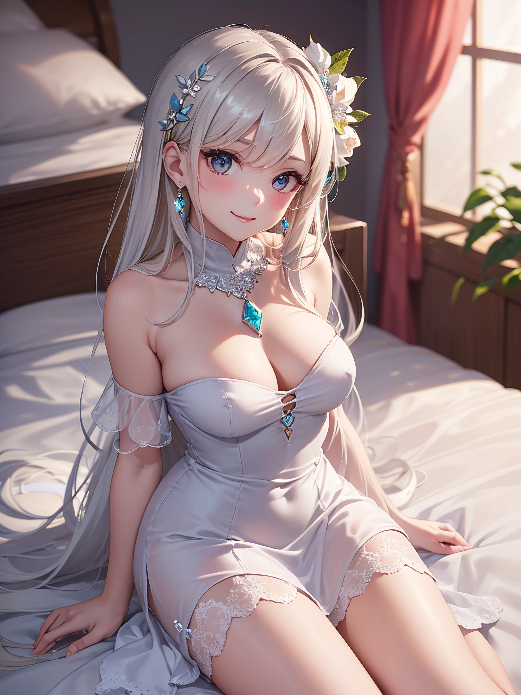 anime girl laying in bed with her legs crossed, Seductive Anime Girl, Ecchi, Anime Best Girl, Ecchi anime style, Posing in bed, (Anime Girl), in dress, On my bed, Sitting on the bed, beautiful alluring anime teenime Girl, sitting on a bed, Rei Hiroe, ((8K, masutepiece :1.3)), 1girl in, Smiling, (Full body), Slim Face, Pretty Woman, (Blonde hair), full length dress :1.1, Ultra-detailed face, Detailed eyes, 二重まぶた, blur backgroun, Fashion, Beautiful light ,Night, Gothic lolita, dress, ((Best Quality, 8K, masutepiece :1.3)), 1girl in, Smiling, (Full body), Slim Face, Pretty Woman, (Blonde hair), full length dress :1.1, Ultra-detailed face, Detailed eyes, 二重まぶた, blur backgroun, city,Fashion,Beautiful light ,Night, ((Close up portrait of attractive beautiful goddess)), ((Wearing a long white dress with crystal light blue jewelry decoration.)) She has blue crystal eyes and long white hair sliding straight down her back)), (Capture her beauty look and the ethereal elegance of her surroundings, Crystal Color, White hair, Wearing diamond crystal earrings), the best lighting effect, High quality, Best Quality, Sharp Focus, hyperdetails, 8K, Vibrant colors