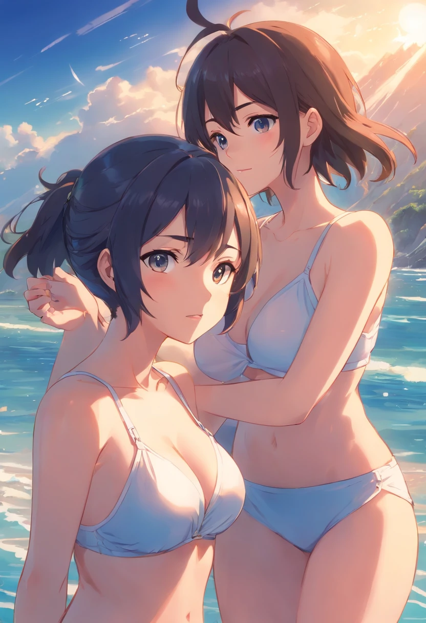 Two girls are depicted in an ecchi anime style, with one being an anime girl with large breasts and the other being a male character also with large breasts. The artwork can be found on Pixiv and features hyper-detailed hentai style.