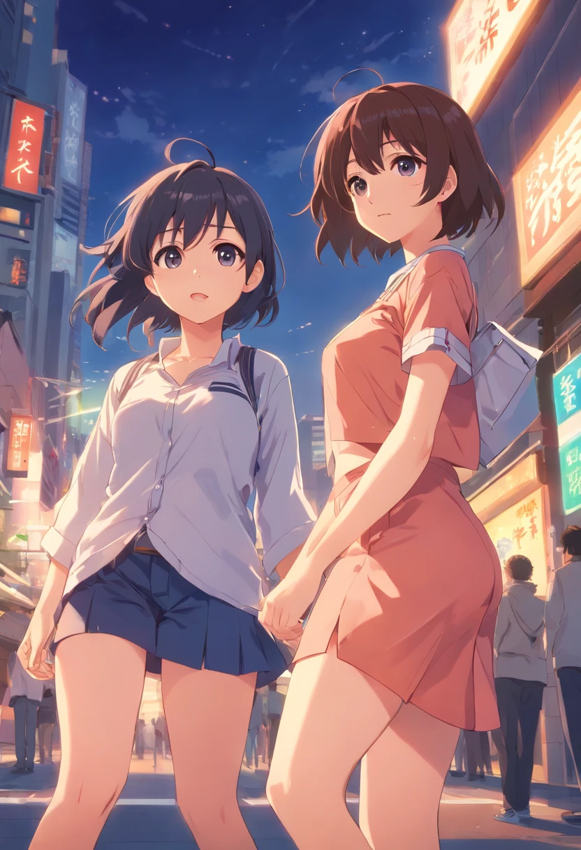 Two girls are depicted in an ecchi anime style, with one being an anime girl with large breasts and the other being a male character also with large breasts. The artwork can be found on Pixiv and features hyper-detailed hentai style.