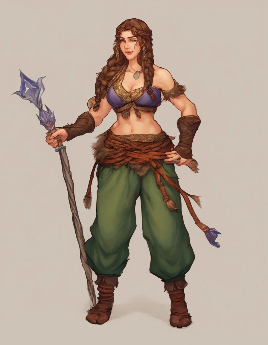 ultra detail, high resolution, ultra detailed, best quality, amazing, top quality, 1woman, pose, dwarf, female dwarf, fantasy, braids, stout, wide body type, large breasts, huge breasts, breasts larger than head, wide hips, short, shortstack, mountain dwarf, pants, boob window, long red hair, braided hair, 5 feet tall, short height, sexy