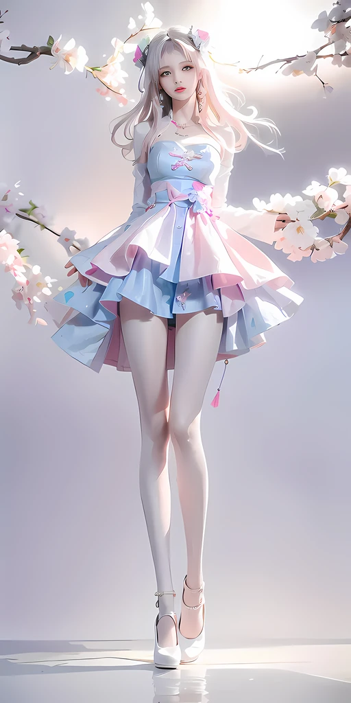 Close-up of a woman in a dress and high heels standing under a tree, flowing sakura-colored silk, cute anime waifu in a nice dress, multilayered outfit, colorful rich fantasy clothing, fantasyoutfit, anime barbie doll, flowing sakura silk, Only pastel colors, colorful pastel, style of magical girl, Anime girl cosplay, In pastel colors, Blue and pink