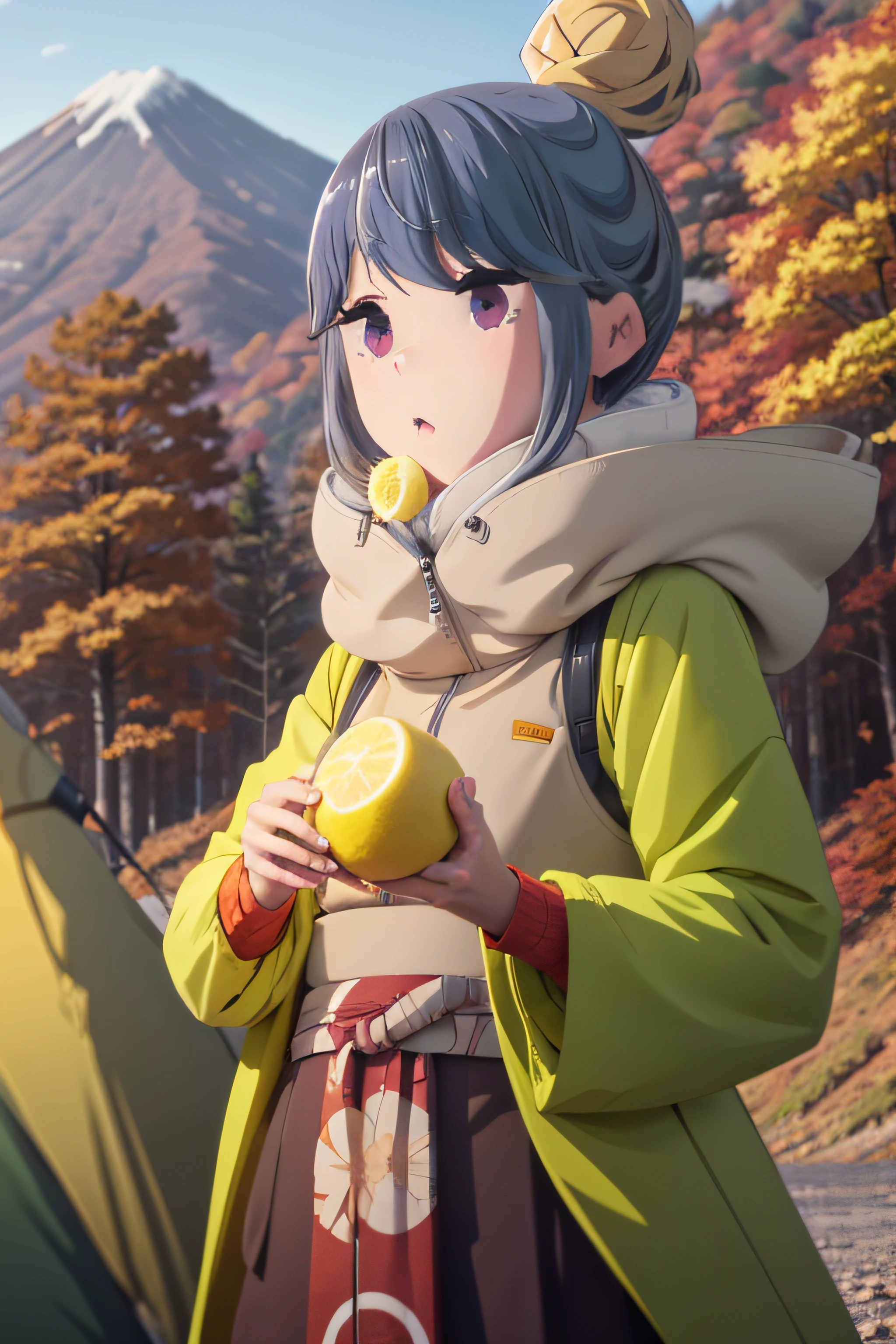 Camping, japanese anime style, blond, green eyes, cute girl, eating a lemon, autumn, mount fuji lake