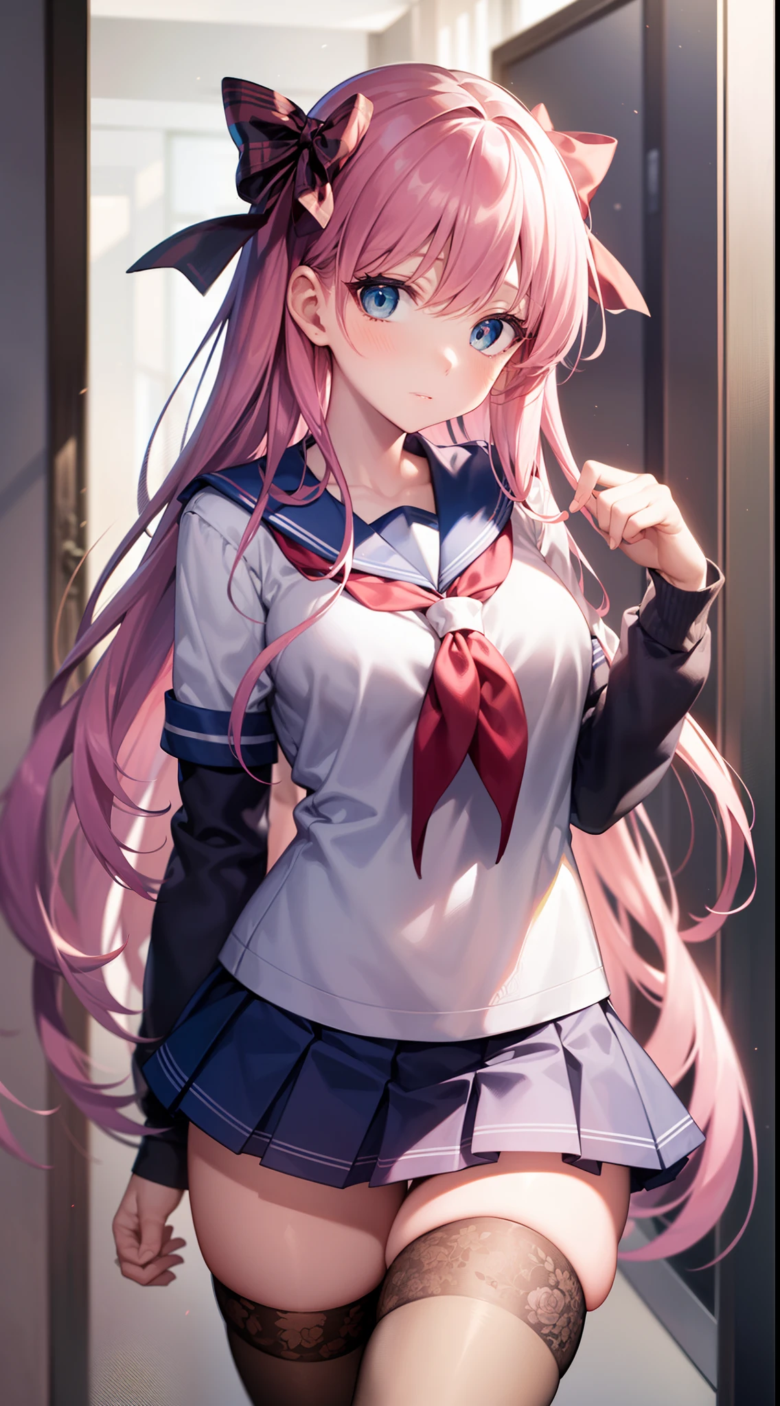 nodokaharamura, Haramura Notoka, Blue eyes, Hair Bow, Long hair, Pink hair, bow,
Black blue skirt, Kiyosumi school uniform, Pleated skirt, school uniform, serafuku, Skirt,
BREAK looking at viewer,
Break indoors, crass room,
Break (masutepiece:1.2), Best quality, high resolution, Unity 8k壁纸, (illustration:0.8), (Beautiful detailed eyes:1.6), extra detailed face, Perfect lighting, extremaly detailed cg, (Perfect hands, Perfect anatomy),