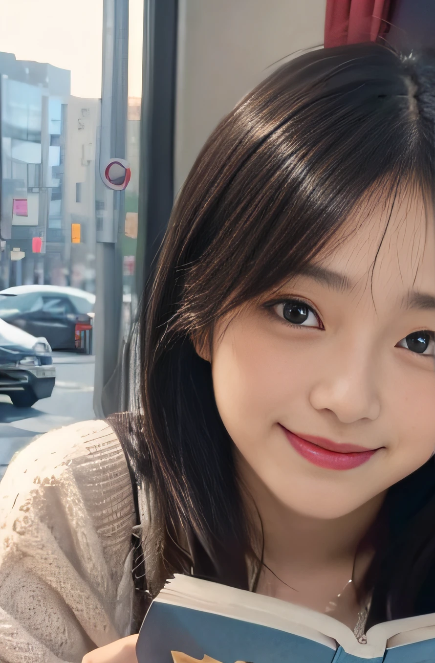 1girl, black hair, (:1.3),
coffee shop, europe, (reading a book:1.7), (whole body:1.5), a somewhat long face,
(8k, RAW photo, best quality, masterpiece:1.2), High detail RAW color photo, professional photograph,(realistic, photo realistic:1.2), ((best quality)), bokeh, using reflectors, f/1.4, 50mm,
japanese girl, detailed beautiful face, finely detailed face, (bashful smile:1.2), fascinating smile, captivating smile, beautiful, extremely pretty, cute like a doll, female idol, round big eyes, small nostrils,