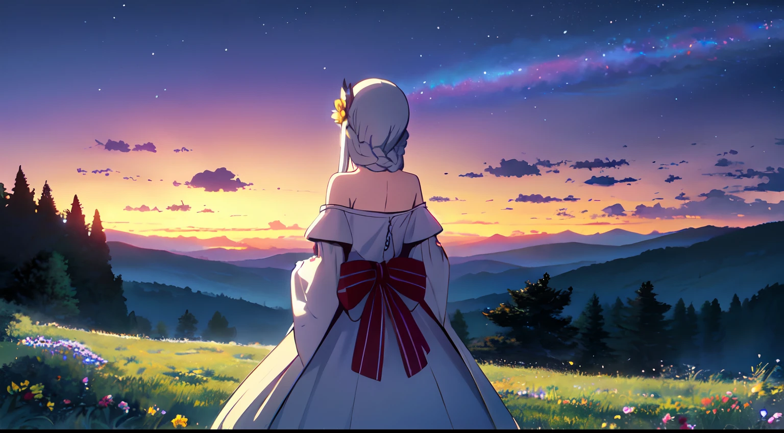 masterpiece, best quality, 1lady, solo, very long white hair, blowing hair, (flower hair ornament), (braided hair ornament), earrings, behind view, back view, night, Vast sky, beautiful skyline, large grassland, moving visual effects, hanging north star, colorful natural light, fireflies, tree, forest, fantasy, off shoulder blue dress, night scenery