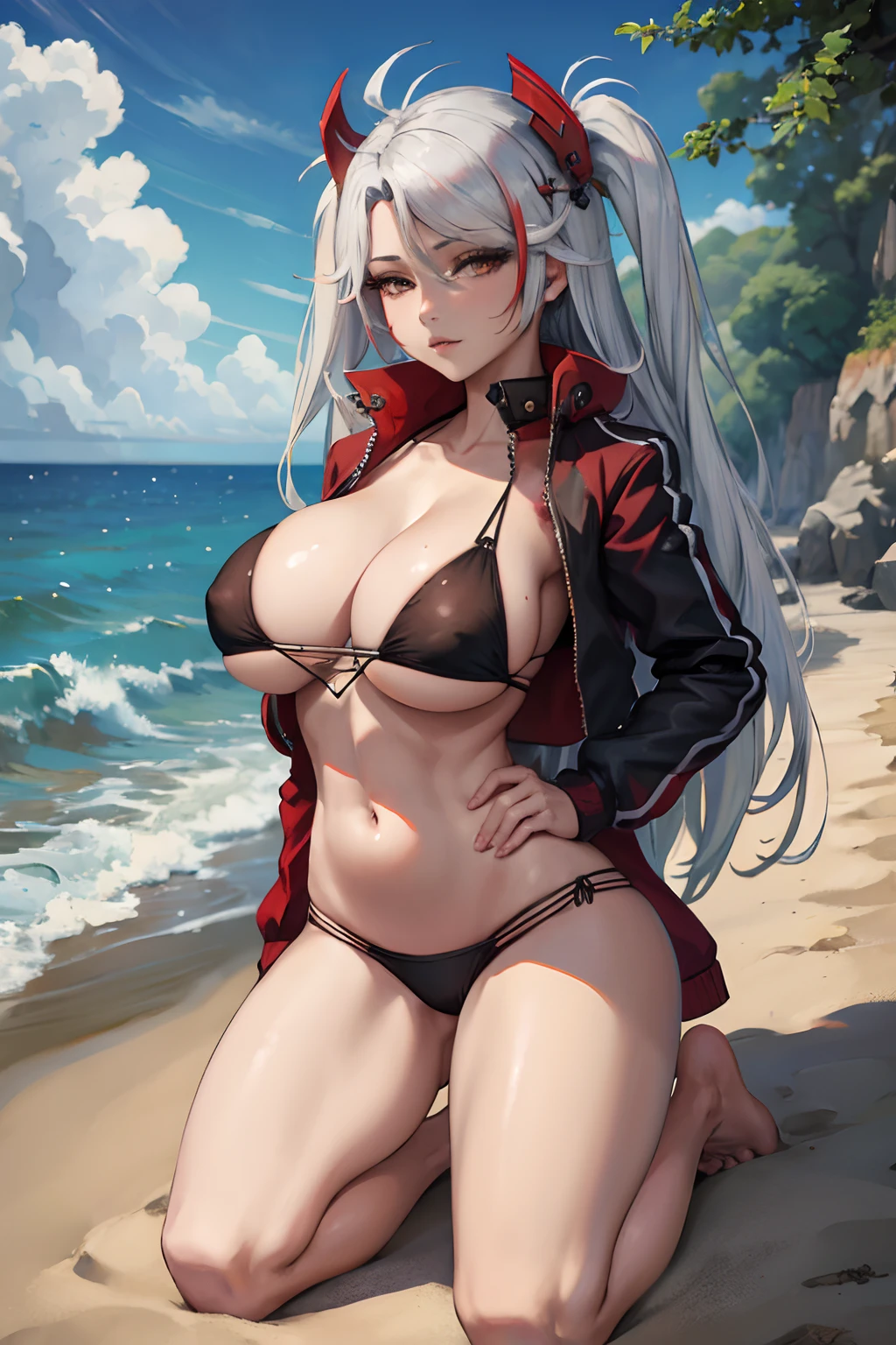nfsw, masterpiece, Best Quality, PrinzV4, 1girl in, Solo, laid down, beach, teasing expression, Long hair, , full body, barefoot, Looking at Viewer, , Navel, Holding, White hair, Red hair, multicolored hair, Open jacket, striated hair, Black jacket, put hands on the hip, underboob, Headgear, a flag, Pending Flag, Poses that emphasize ,top-quality,  swimwear, Black swimsuit, (Masterpiece, Best Quality:1.3), highres, (8k resolution), (ultra-detailed portrait:1.1), stop motion, horror, outdoors, no humans, scenery, photorealistic, (details:1.2), volumetric lighting