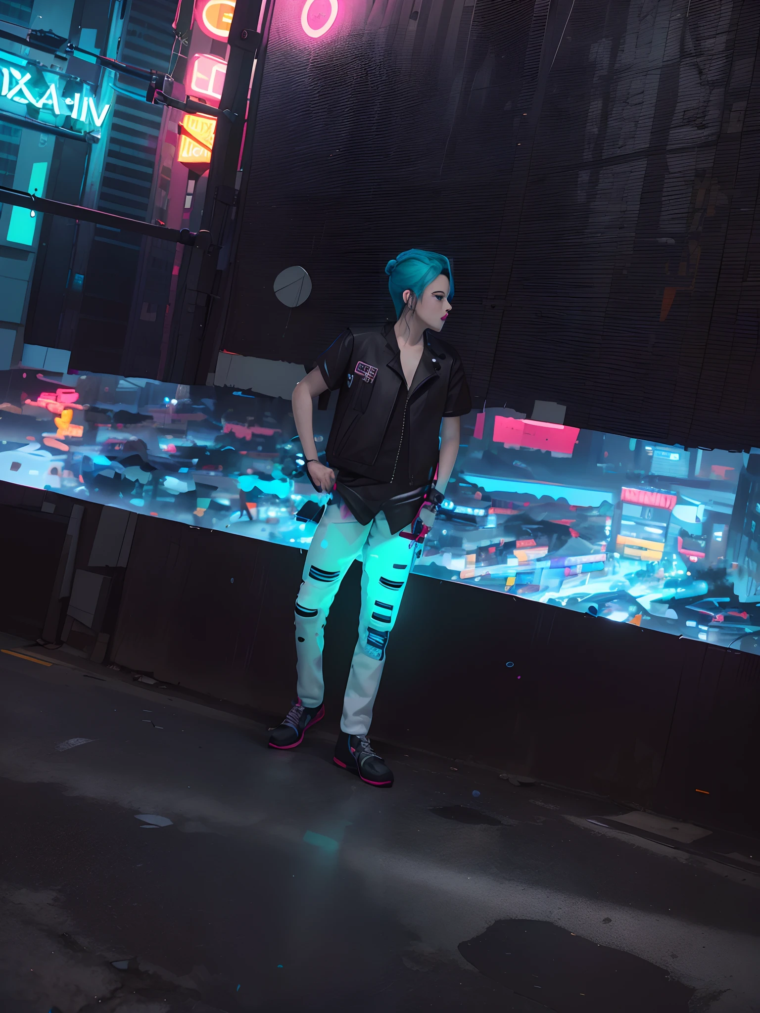 masterpiece, best quality, Confident cyberpunk girl, full body shot, ((standing in front of motorcycle)), Harajuku-inspired pop outfit, bold colors and patterns, eye-catching accessories, trendy and innovative hairstyle, vibrant makeup, Cyberpunk dazzling cityscape, skyscrapers, neon signs, LED lights, bright and vivid color scheme, anime, illustration, detailed skin texture, detailed cloth texture, beautiful detailed face, intricate details, ultra detailed.
