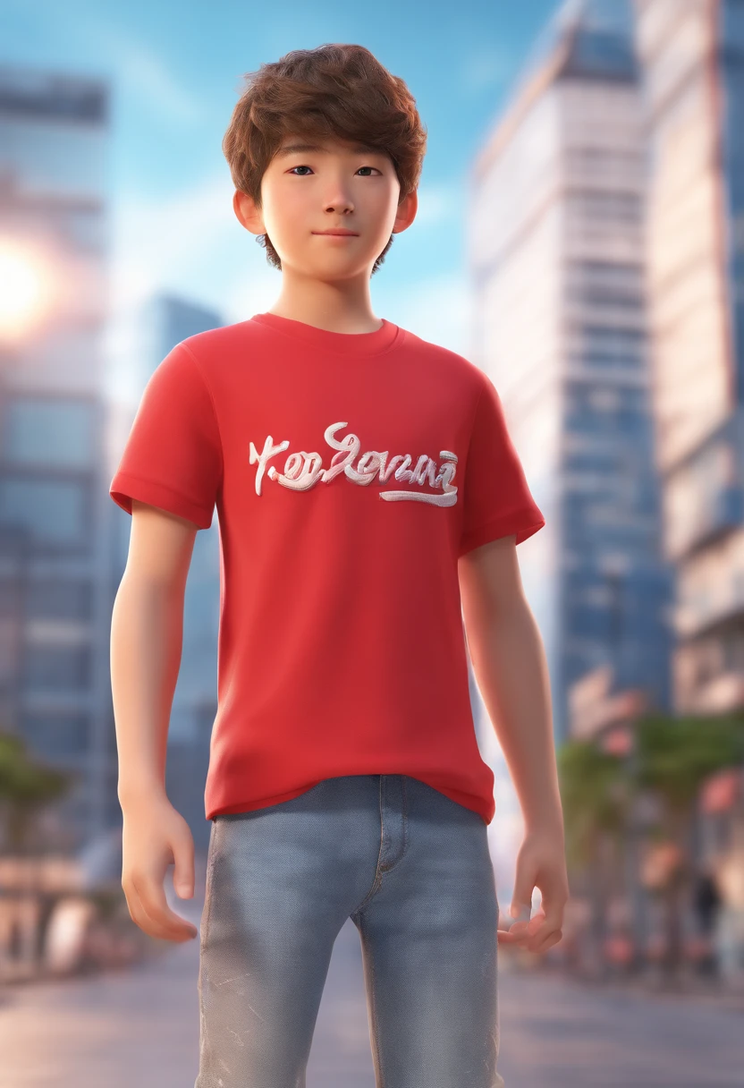 menino, 14 years old, Korean, freckles, blond hair, in a red T-shirt, white sleeves, in blue jeans, in red and white sneakers