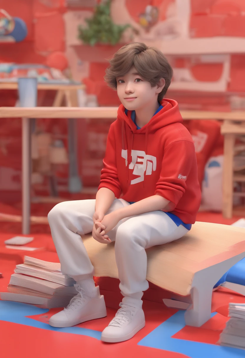 menino, , Korean, freckles, blond hair, in a red T-shirt, white sleeves, in blue jeans, in red and white sneakers