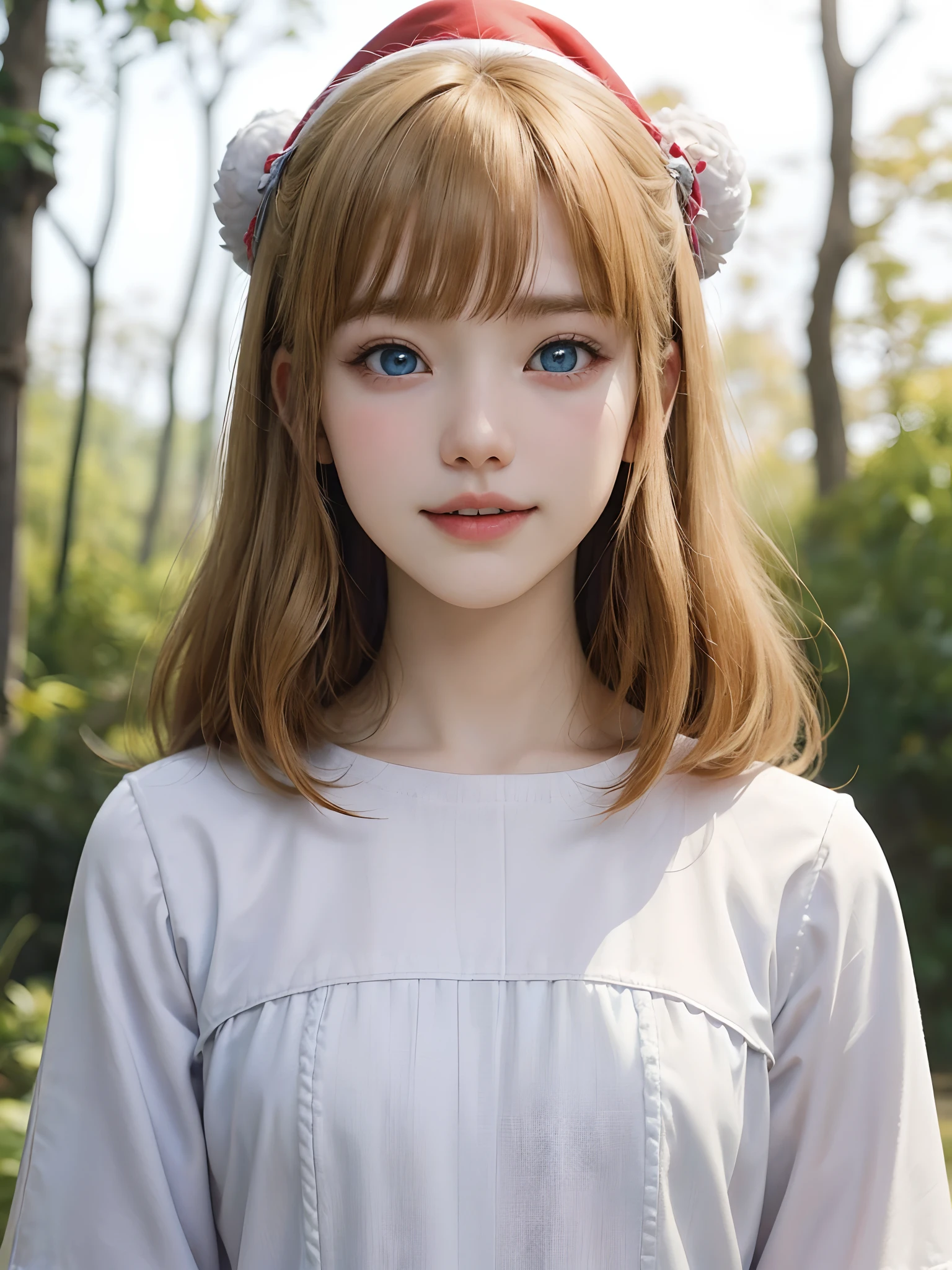 (masuter piece、Best Quality、masutepiece、Cute symmetrical face、Norse man、Beautiful blonde hair with bangs、1 girl、Very young pretty girl、Very young pretty girl、Very small cute girl、Deities々Shii Girl、Very young face、Symmetrical and very cute face)、(Beautiful shiny beautiful blonde hair with bangs、Intense crystal light blue eyes、no earrings、Beautiful white skin)、(Red and white Santa Claus costume、Red and white Santa Claus hat、Santa Claus Costume:1.4、Very cute Santa Claus girl)、5years old、Very young pretty girl:1.5、Deities々Shii's Cute Girl、Very cute girl、happily laughing、Smile happily、The best smile、Beautiful teeth、Beautiful teeth alignment、Beautiful skins、Staring into the distance on the left、Forest with light on beautiful nature background、Deities々Deep forest background、Winter night sky、cowboy  shot