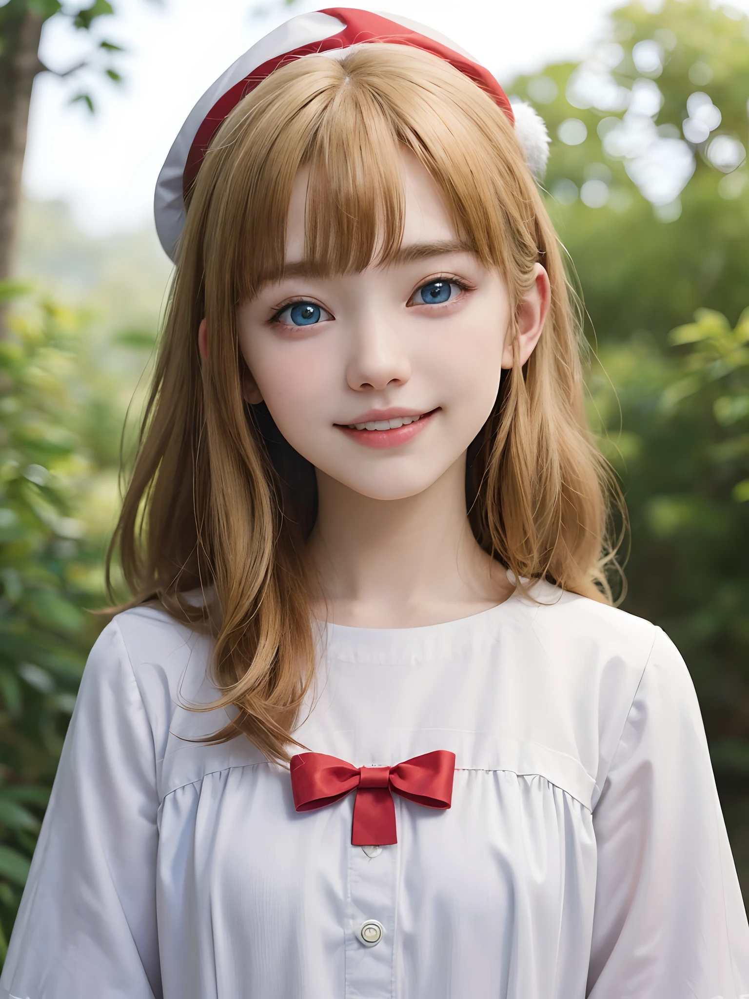 (masuter piece、Best Quality、masutepiece、Cute symmetrical face、Norse man、Beautiful blonde hair with bangs、1 girl、Very young pretty girl、Very young pretty girl、Very small cute girl、Deities々Shii Girl、Very young face、Symmetrical and very cute face)、(Beautiful shiny beautiful blonde hair with bangs、Intense crystal light blue eyes、no earrings、Beautiful white skin)、(Red and white Santa Claus costume、Red and white Santa Claus hat、Santa Claus Costume:1.4、Very cute Santa Claus girl)、5years old、Very young pretty girl:1.5、Deities々Shii's Cute Girl、Very cute girl、happily laughing、Smile happily、The best smile、Beautiful teeth、Beautiful teeth alignment、Beautiful skins、Staring into the distance on the left、Forest with light on beautiful nature background、Deities々Deep forest background、Winter night sky、cowboy  shot