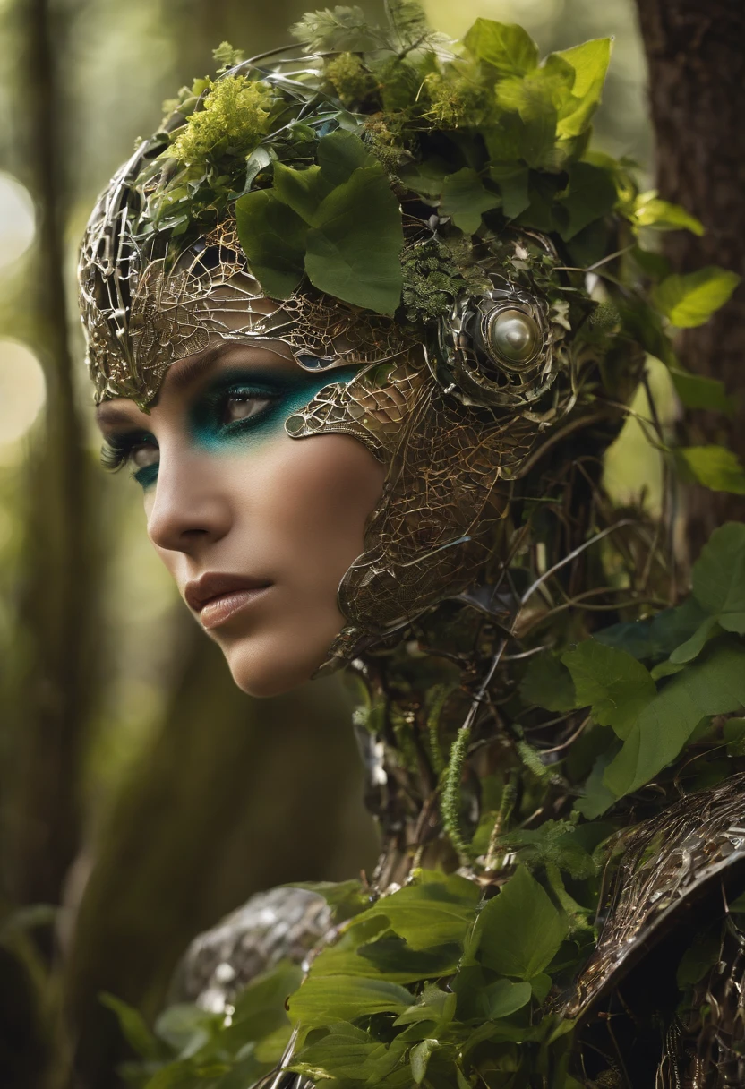 a cyborg made of entirely plants and nature, with metallic parts to hold its structure