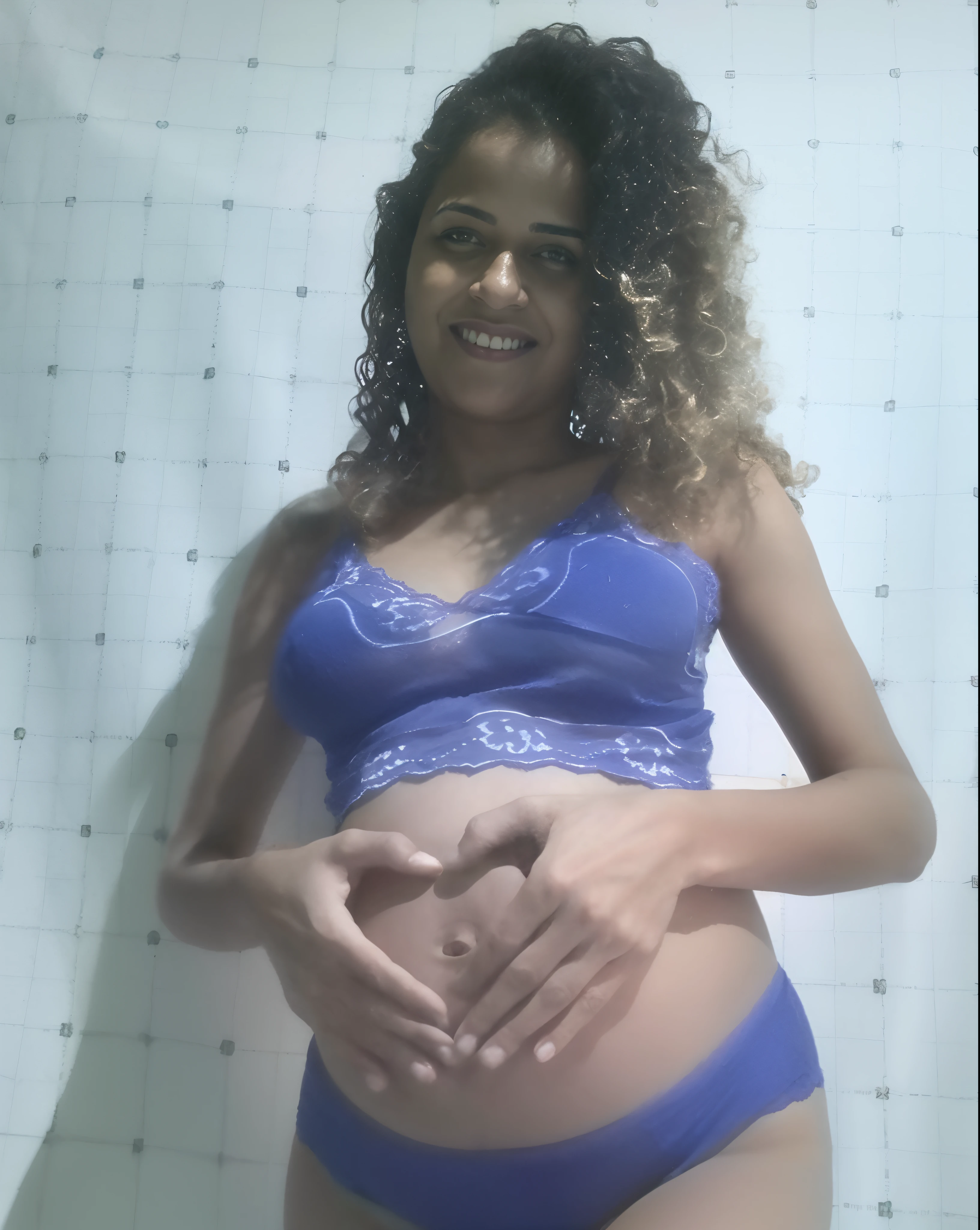 Pregnant woman in blue underwear making a heart shape with her hands, 3 5 year brazilian mother, pregnant belly, Mulher de 30 anos de Cuba, Parece Fabiula Nascimento, pregnant, her belly is fat and round, imagem de perfil, barriga exposta, barriga, Malika Favre, 3 0 anos de idade mulher, Mulher de 30 anos
