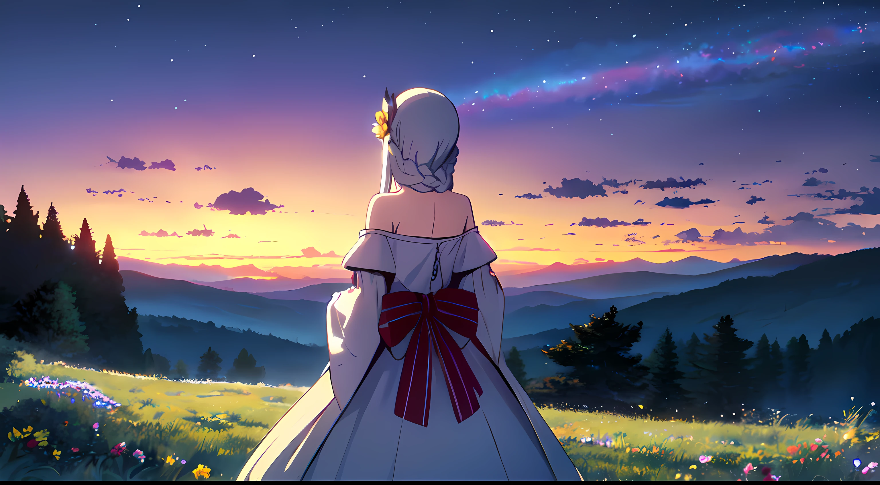 masterpiece, best quality, 1lady, solo, very long white hair, blowing hair, (flower hair ornament), (braided hair ornament), earrings, behind view, back view, night, Vast sky, beautiful skyline, large grassland, moving visual effects, hanging north star, colorful natural light, fireflies, tree, forest, fantasy, off shoulder blue dress, night scenery