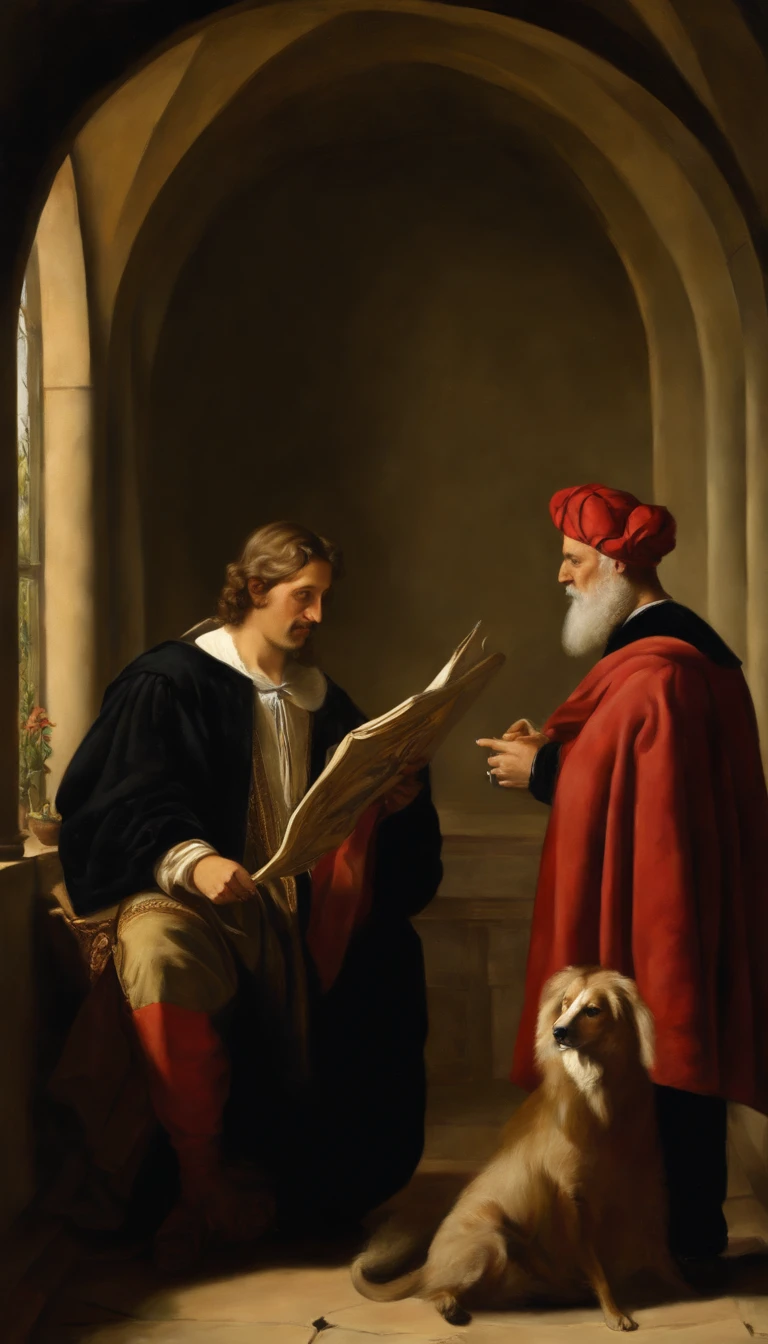 Una imagen del pintor renacentista Rafael Sanzio pintando un cuadro, cabello largo de color negro, con un gorro de color rojo, mirando hacia el cuadro que esta pintando, Character with a male face from the Renaissance era, hombre del siglo XVI del renacimiento, Rafael debe estar de pie pintando una obra de arte, mirada profunda, imagen de alta calidad, (obra maestra), el pintor debe estar frente a un lienzo, Have a reference to the Renaissance era, RAFAEL SANZIO pintor renacentista