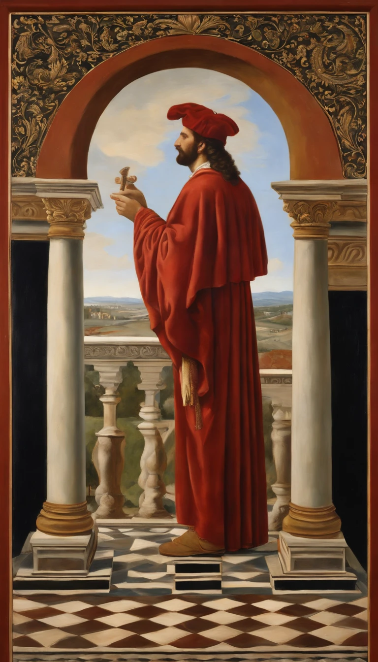 Una imagen del pintor renacentista Rafael Sanzio pintando un cuadro, cabello largo de color negro, con un gorro de color rojo, mirando hacia el cuadro que esta pintando, Character with a male face from the Renaissance era, hombre del siglo XVI del renacimiento, Rafael debe estar de pie pintando una obra de arte, mirada profunda, imagen de alta calidad, (obra maestra), el pintor debe estar frente a un lienzo, Have a reference to the Renaissance era, RAFAEL SANZIO pintor renacentista