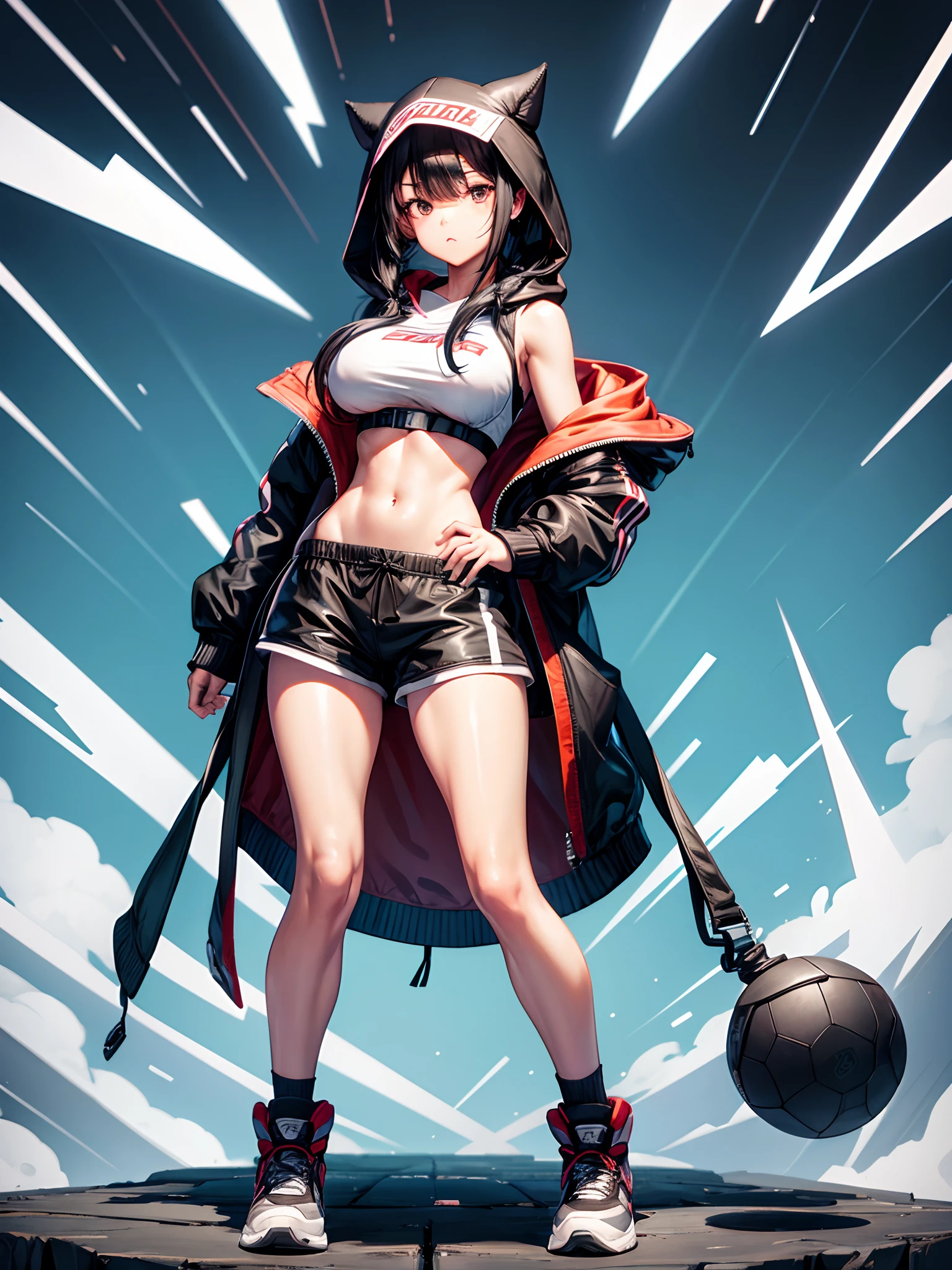 girl, solo, black hair, hood, hood on head, twintail, wondering, large breasts, opened coat, looking at the viewer, full body, sports shoe, shorts