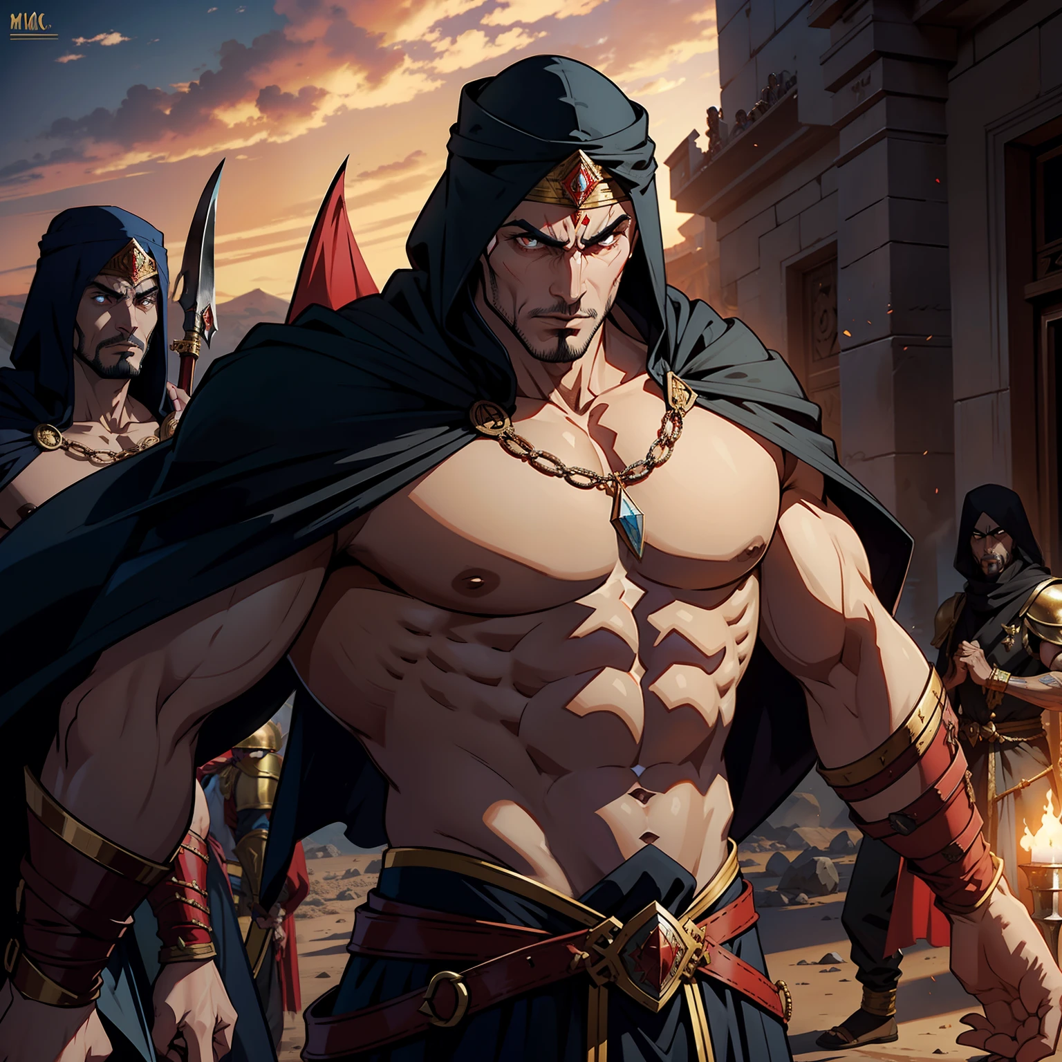 Moroccan lord Dracula muscular leads troops armed with jinn troops to fight sharp details cinematic scenes movie Epic Legendary perspective correct shooting correct proportions correct poses Anatomy super detailed photorealist