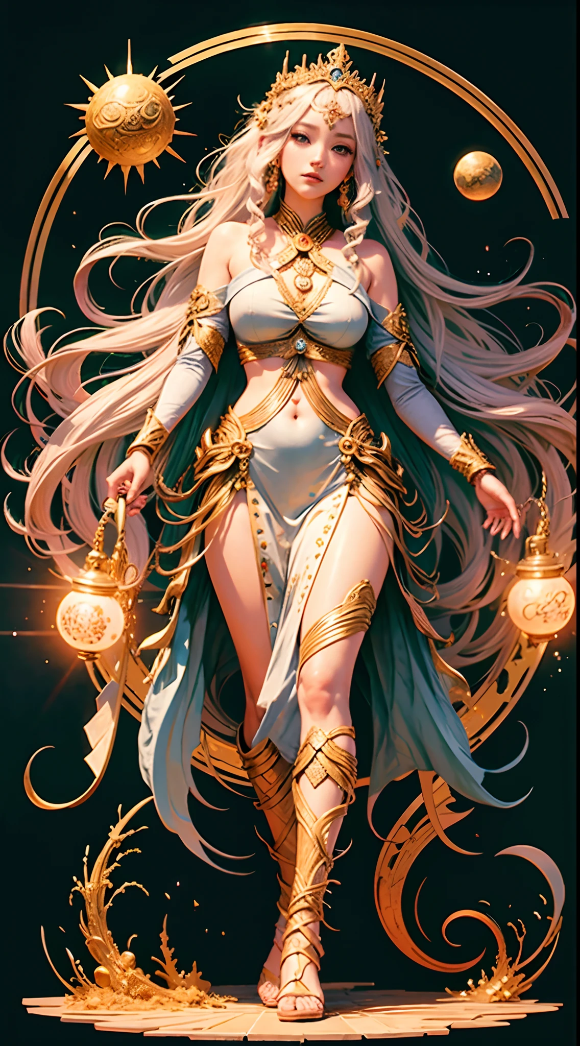 Full body like official art, 8K unit wallpaper, super detailed, beautiful beauty, high quality, beautiful, masterpiece, best quality (zen, mandala, tangled, tangled: 0.6), young goddess in her 20s, silver long hair, sun goddess,