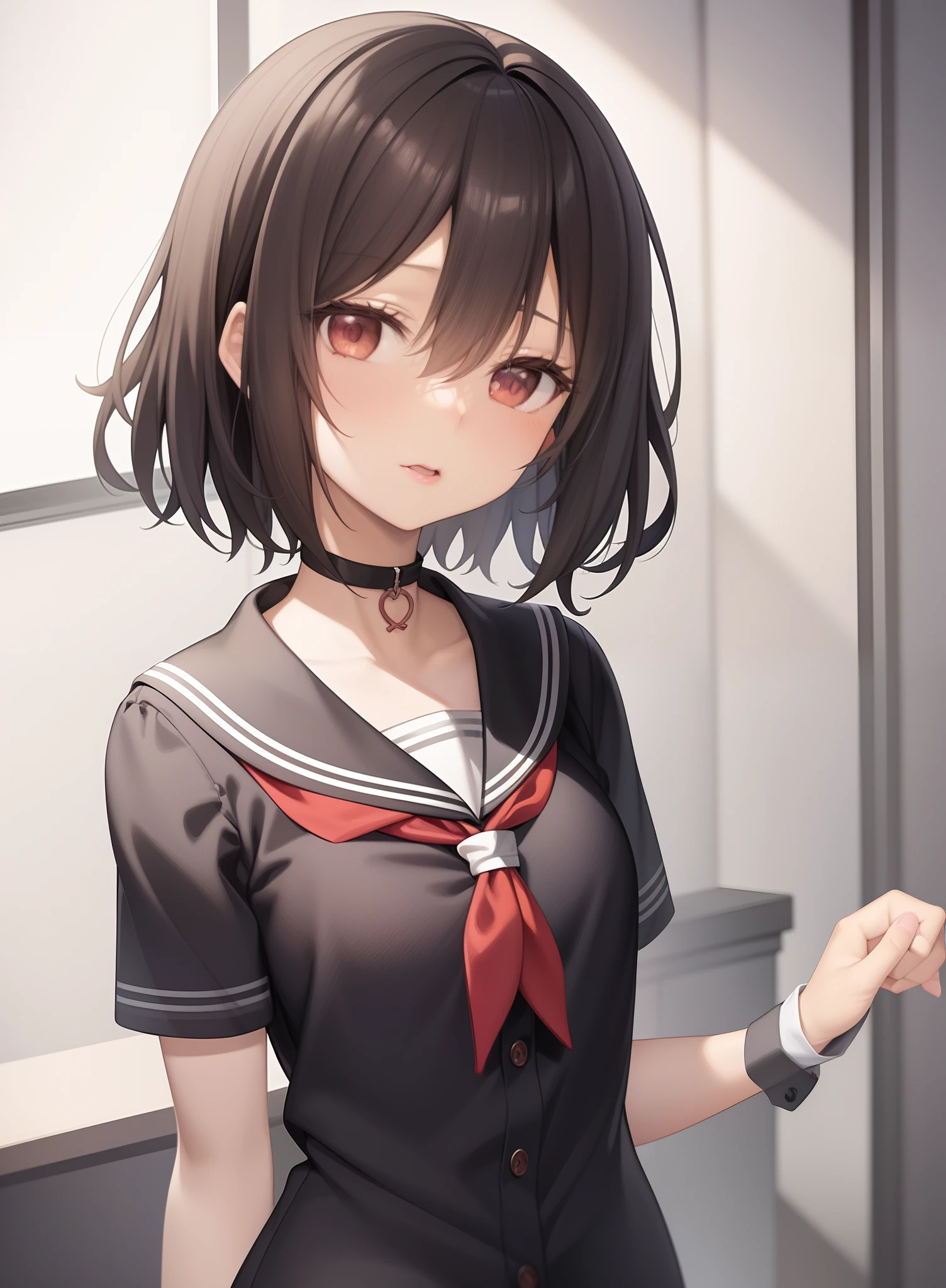Anime girl in short skirt with red tie and black shirt, Smooth anime CG art, anime moe art style, Kantai collection style, anime visual of a cute girl, Surrealism female students, Digital anime illustration, Detailed digital anime art, Cute anime girl, Surrealism female students, portrait anime girl, seductive anime girls, Portrait of an anime girl