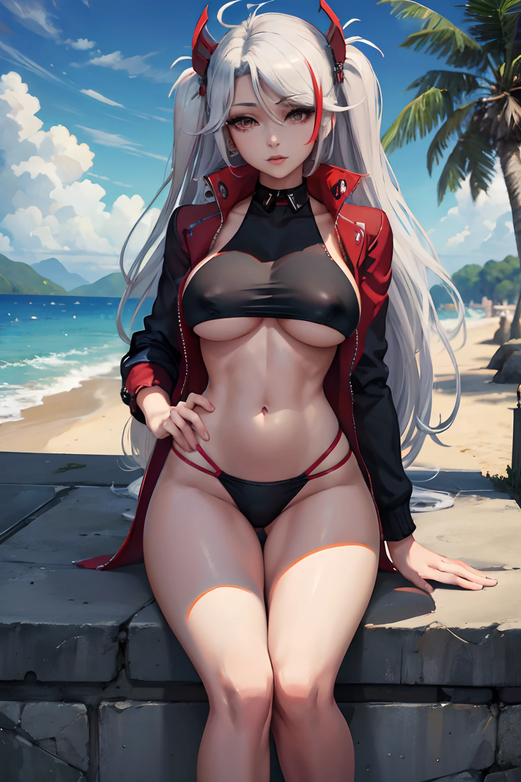 nfsw, masterpiece, Best Quality, PrinzV4, 1girl in, Solo, laying down, beach, Long hair, breasts, full body, barefoot, Looking at Viewer, Large breasts, Navel, Holding, White hair, Red hair, multicolored hair, Open jacket, striated hair, Black jacket, put hands on the hip, underboob, Headgear, a flag, Pending Flag, Poses that emphasize breasts,top-quality, Bikini swimwear, Black swimsuit, (Masterpiece, Best Quality:1.3), highres, (8k resolution), (ultra-detailed portrait:1.1), stop motion, horror, outdoors, no humans, scenery, photorealistic, (details:1.2), volumetric lighting