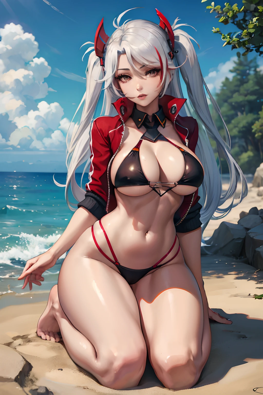 nfsw, masterpiece, Best Quality, PrinzV4, 1girl in, Solo, laying down, beach, Long hair, breasts, full body, barefoot, Looking at Viewer, Large breasts, Navel, Holding, White hair, Red hair, multicolored hair, Open jacket, striated hair, Black jacket, put hands on the hip, underboob, Headgear, a flag, Pending Flag, Poses that emphasize breasts,top-quality, Bikini swimwear, Black swimsuit, (Masterpiece, Best Quality:1.3), highres, (8k resolution), (ultra-detailed portrait:1.1), stop motion, horror, outdoors, no humans, scenery, photorealistic, (details:1.2), volumetric lighting