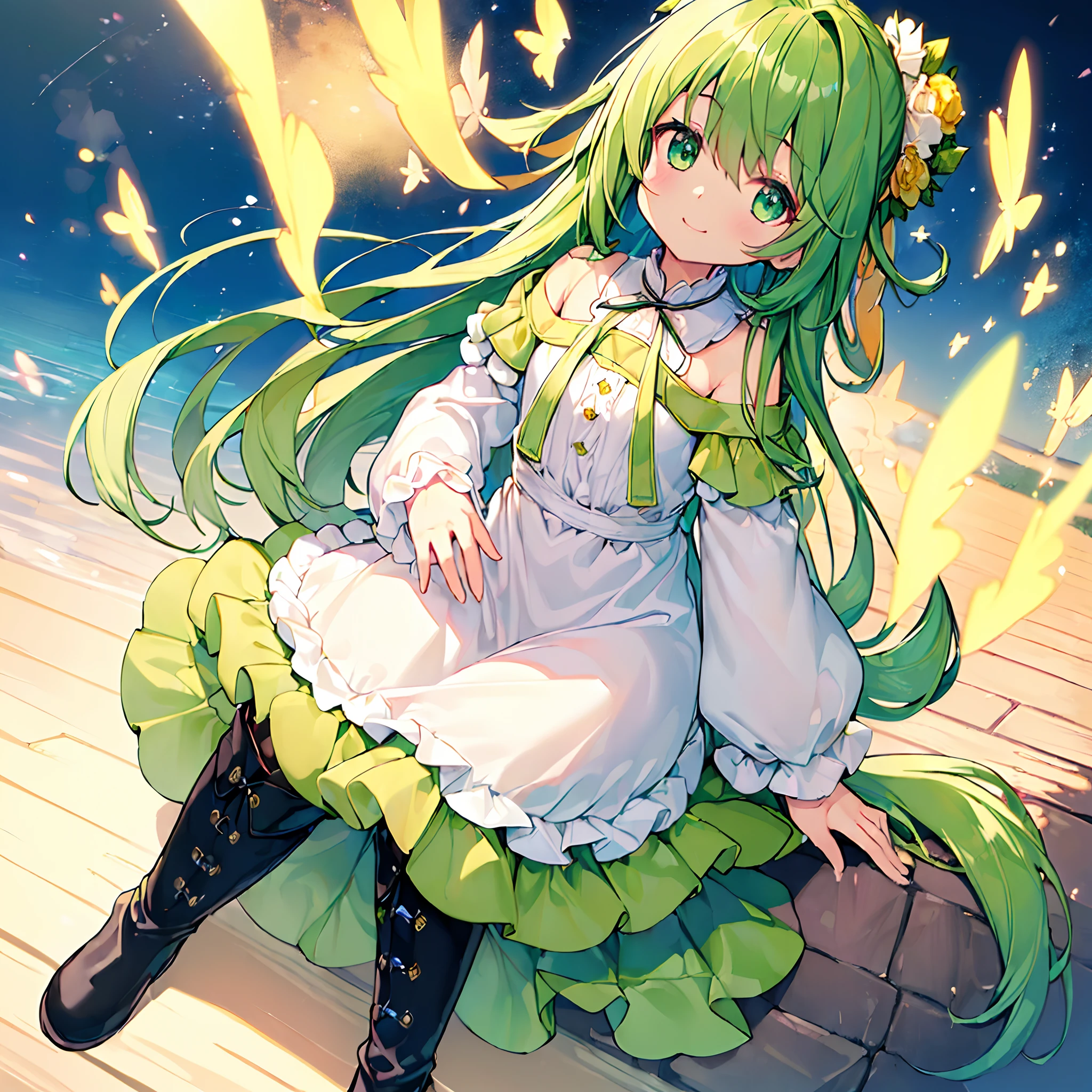 (top-quality:1.5), (masterpiece:1.5), (hight resolution:2.0)、Beautiful girl alone、cute little、Lori、the body glows a little、sitting on、(A smile)、Mouth open、(green colored eyes)、(Eyes in detail)、radiant eyes、(green colored hair)、((Twin-tailed))、Semi-long hair、Blunt bangs、Metal hair clipper、(White Dress)、Clothes with black patterns、Green ruffles、Long sleeves、Black boots、Green Pattern Boots、Golden petals shimmering in the wind、darkness、One arm is in front of you、FULL BODYSHOT