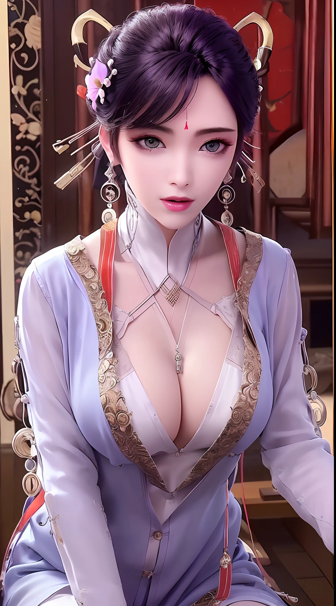 1 beautiful and sexy 20 year old girl, ((ultra-thin sexy nightgown with deep slits to cover :1.6)), ((full nude:1.6)), ((take off your cuffs:1.6)), ((long black hair:1.6)), bangs, elaborate jewelry made from precious stones and beautiful hair, the noble, noble style of an extremely girl beautiful, very pretty and lovely face, ((bright face:1.2)), very pretty face, thin eyebrows, eyes are so beautiful and perfect, flawless beautiful face, ((black pupil: 0.8)), very beautiful eyes, ((eyes silver: 1.5)), ((light purple eyeshadow makeup is very attractive and devilish:1.5)), beautiful makeup and detailed hairdo, eyelashes, steamy eye makeup, high nose, earrings, red lips, ((closed mouth: 1.5)), beautiful lips, slim hands, beautiful thighs best, ((Sitting position, chest puffed out and arms behind: 1.6)), ((unbutton the girl's shirt:1.6)), ashamed, rosy face, clean face, flawless beautiful face, smooth white skin, (big breasts: 1.3)), ((high breasts: 1.6)), firm breasts, beautiful cleavage, (((big and super round breasts: 1.5))), ((super tight breasts: 1.5)), beautiful breasts, busty breasts, perfect body, thrust your chest forward, 8k photo, super high quality, hyper realistic, super 10x pixels, optical, studio bright, edge bright, two-tone lighting, (high detail skin: 1.2), super 8k, soft light, high quality, volumetric light, optical, high resolution optical, light, best photo, 8k quality, smooth sharpness, (((bright white skin, super bright background: 1.2))), (((super bright skin:1.5))), bright colors harmonious light, ((red flower background:1.5)), aurora, lightning, surreal graphics, most realistic graphics, alone, solo, Extremely sharp, surreal images, look at the beautiful girl's body, (((frontal portrait: 1.2)))."