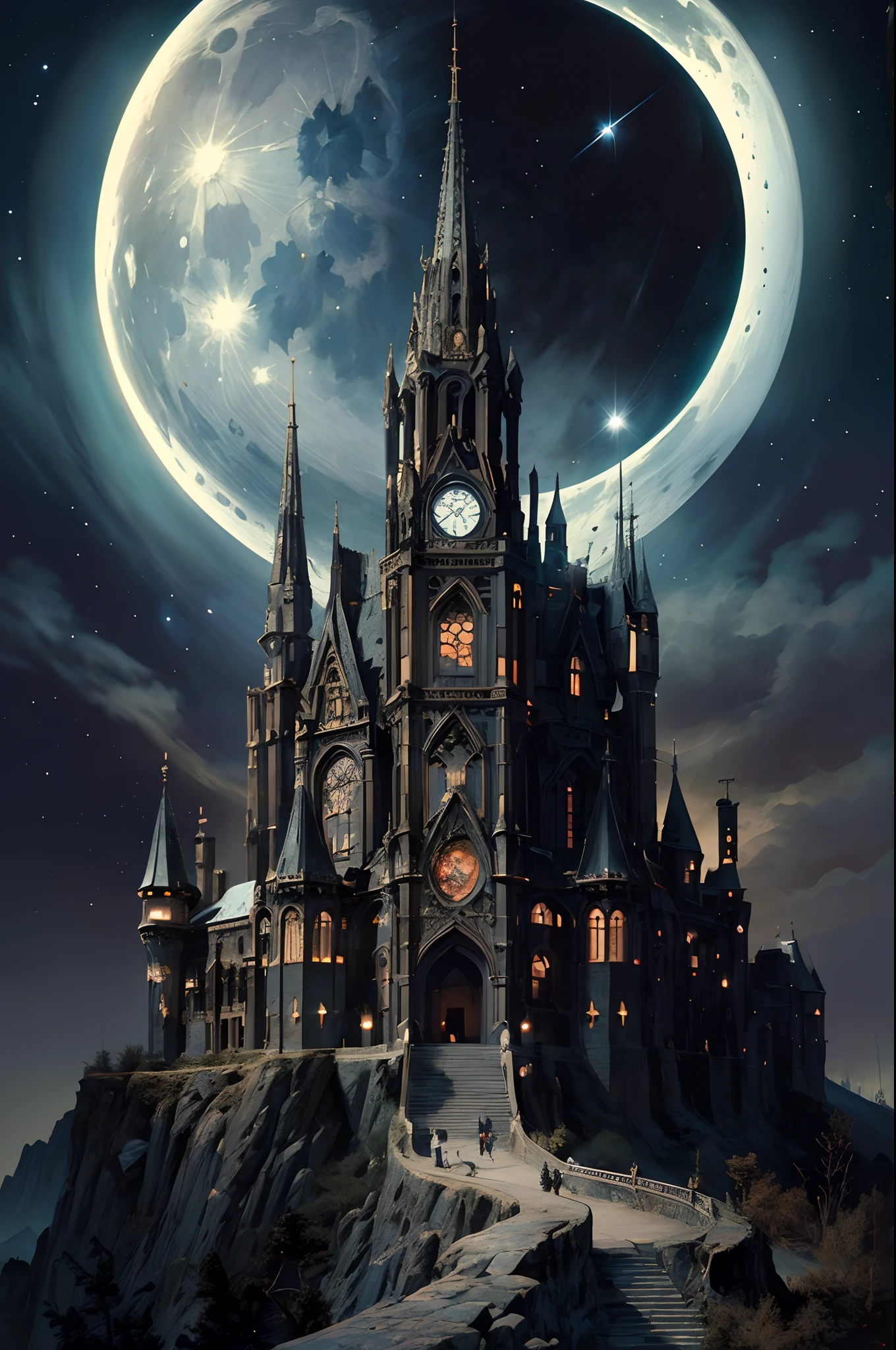 ((without people)) ((nobody)) Vintage Victorian style, Precise vintage encyclopedia (best quality:1.2), (detailed:1.2), (masterpiece:1.2), vintage illustrations of a black gothic medieval european castle on a mountain, windows lights, stars and moon in the sky, giant meteor in the sky, fire, dragon flying, dragon breathe fire