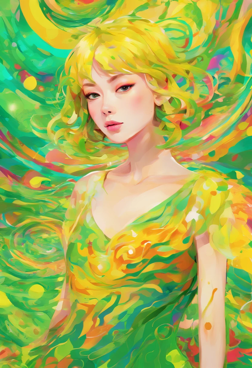 ((top-quality, 8K)), (Realistic), (Face Focus: 1.1), (green and yellow: 1.3), Kawaii Girl, short-hair, Body from the waist up, Hair fluttering in the wind, Facing to the side, Look up at your face, Eyes closed, (Sleeveless: 1.1), Skirt, D Cup Breasts, Countless soap bubbles,