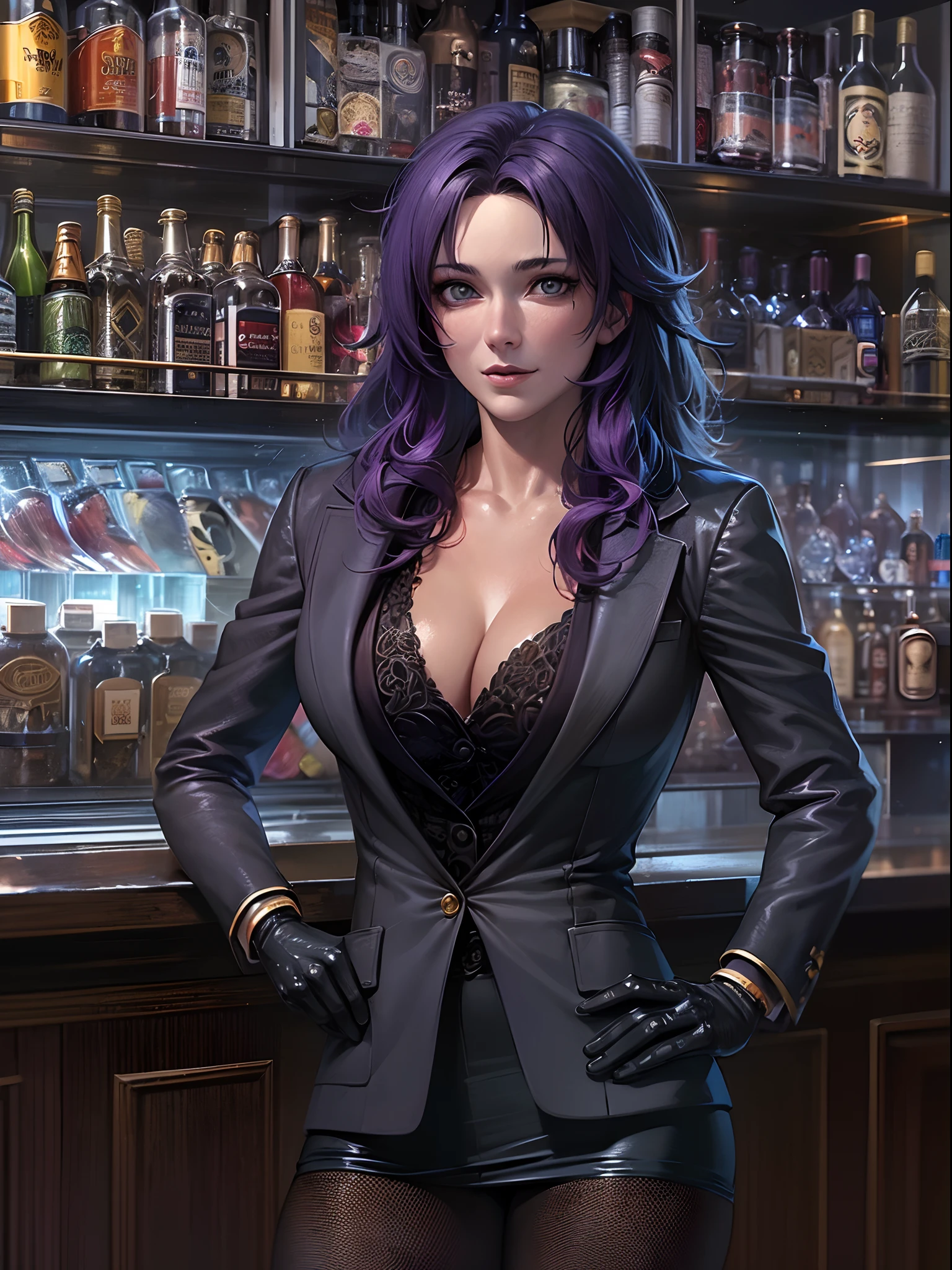 ((masutepiece)), ((Best Quality)), (Ultra-detailed), ((Extremely detailed)), 4K, (8K), Best Quality, (Beautiful), Highly detailed game CG, a bar counter, Jennifer Connelly, nffsw, Suit, Beautiful purple hair, Beautiful black eyes, ((Beautiful eyes)), large full breasts, fingered gloves, lightsmile,