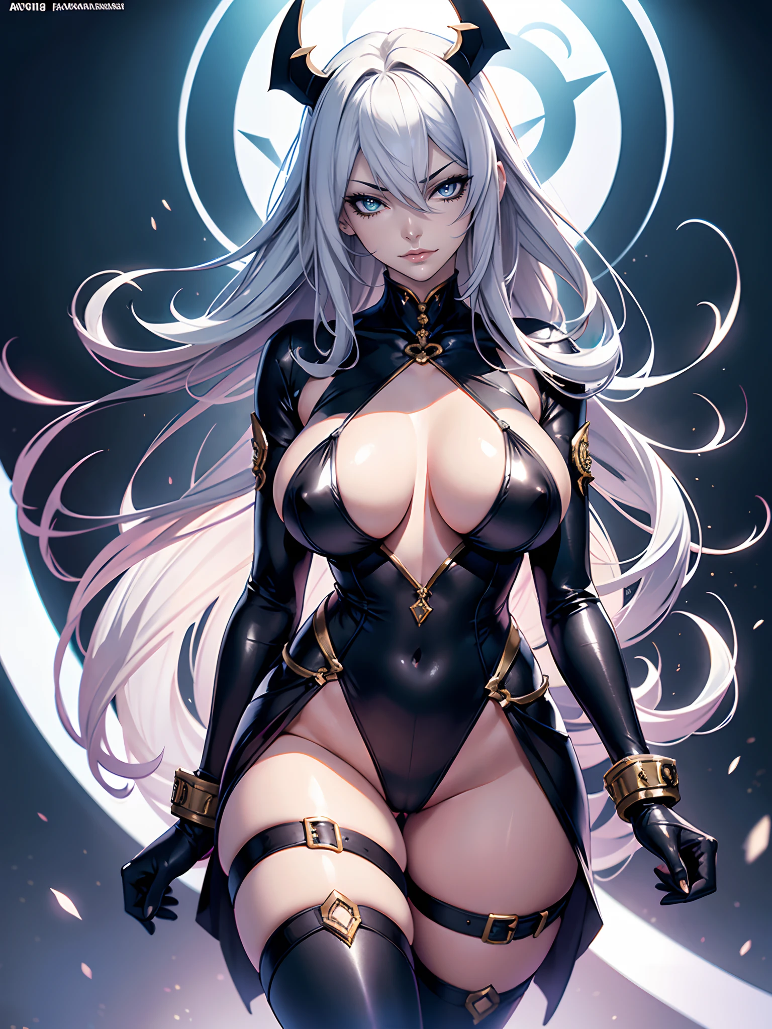 Woman posing with her legs wide open to the left and right, sexy pose, style of masamune shirow, Draw detailed eyes, Detailed depiction of hair, large boob, big butts, Has a gorgeous body, hiquality, high-level image quality, hightquality, in 8K, silber hair, High-leg costume, Have shiny skin, Center, Draw only one woman, Has precise human body structure, Rin々Has a sly expression, Has a realistic skin texture, Scientific background, and draw the full body, Wearing a black costume, succubus