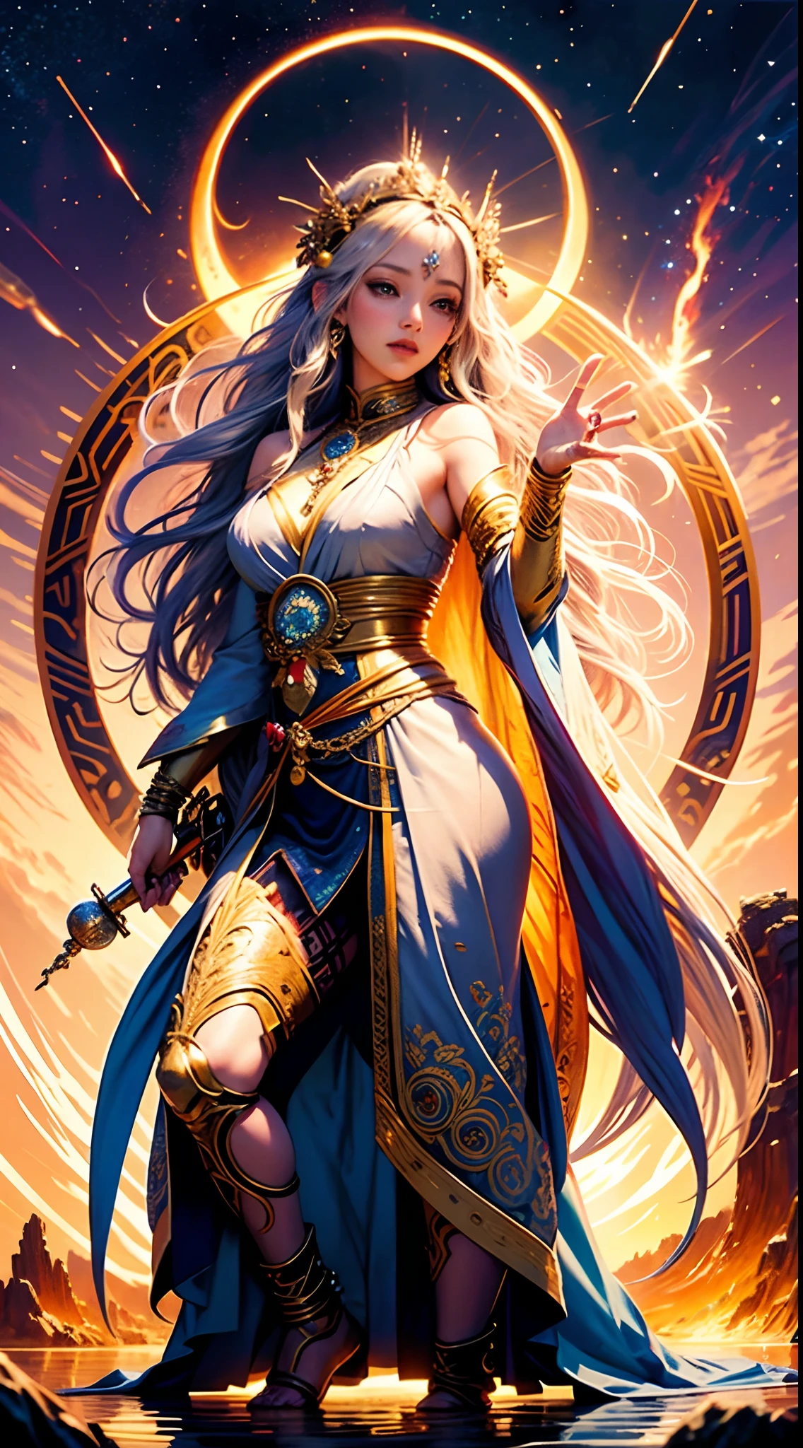Full body like official art, 8K unit wallpaper, super detailed, beautiful beauty, high quality, beautiful, masterpiece, best quality (zen, mandala, tangled, tangled: 0.6), young goddess in her 20s, silver long hair, sun goddess,