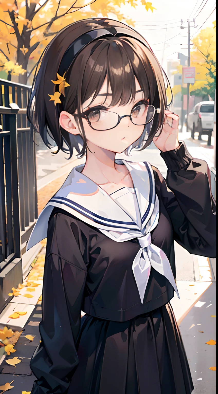 (masutepiece, Best Quality, Capture super cute moments, depth of fields, ultra-detailliert, Ultra High Resolution, C4D, Octadale, 3D Modeling, 8K, 16 K, girl with、a junior high school student、A dark-haired、short-hair、straight haired、Light brown eyes、hair adornments、wearing black glasses、cute  face)、Sleeveless and see-through sailor suit、Sailor suit with yellow ribbon、lowfers、satchel