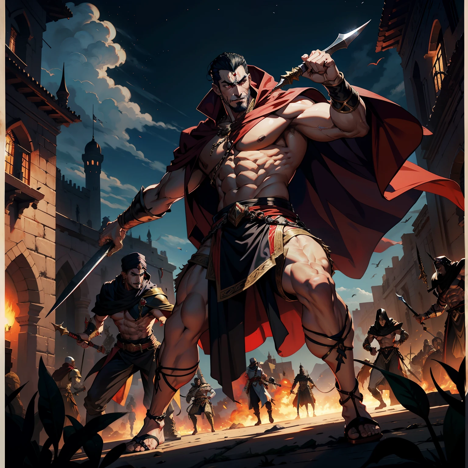 Moroccan lord Dracula muscular leads troops armed with jinn troops to fight sharp details cinematic scenes movie Epic Legendary perspective correct shooting correct proportions correct poses Anatomy super detailed photorealist
