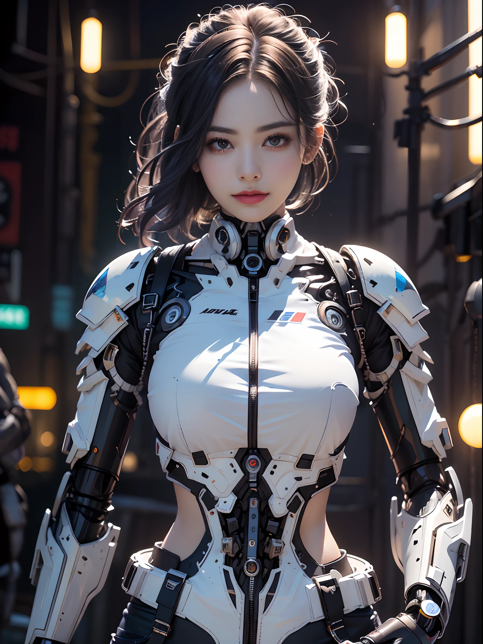 Unbeatable masterpiece, Ultra photo realsisim , Perfect Artwork , Intricate details , Best Quality , strong lights , High contrast , Dynamic Pose , Dutch Angle , ((depth of fields)) , masutepiece , (side lights :1.1) , (Subtle beautiful eyes :1.1) , The face on the right is a mecha,Woman fused with machine, The upper part of the body , large full breasts , (demon king :1.1)) , Portrait , Realistic(Shiny hair :1.1) , Glossy glossy skin , Best Quality , (Metal structure :1.2) , Wires and cables , Science fiction , An AI , A futuristic , (Mechanical Armor :1.1) , (Tenman:1.13) , (Blue plants: 1.21) , (Ice: 1.211) , (with temperature: 1.24),(Mechanical modification: 1.121) , (Immaculate mecha :1.351) ,(Full chest :1.1) , (Mechanical shielding: 1.215) (Mechanical cuirass: 1.13) (Happy expression: 11) , And bind , (Horn Crystal: 1.1) , (White snake: 121) , White jacket ,Black Gloves , (Mechanical spine: 1.1) , mechanised , (mirai: 1.1) , (1.1) : White coat , Black stockings and high heels .Ring Console , Operation interface , a computer , (cables :1.1) , (complex mechanical structure: 1.15) , mechs ,