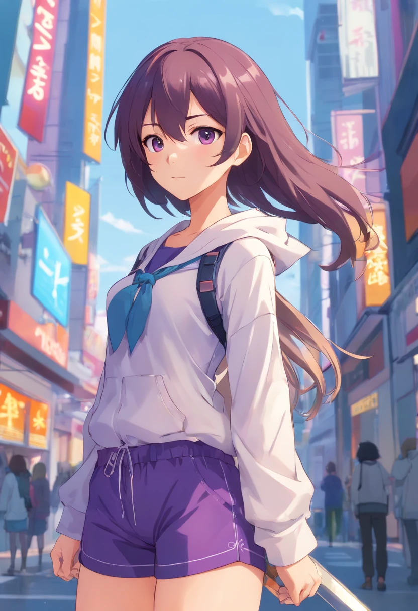 A 16-year-old female anime character named Natalie from Epic Battle Fantasy is pictured posing for a concept art photo. She has long hair and is wearing purple shorts with long, flowing clothes that accentuate her natural pose. The full body concept showcases her clear outfit design and overall appearance as a humanoid fursona. This anime woman's full body art is a great example of detailed outfit design for any anime-styled character.