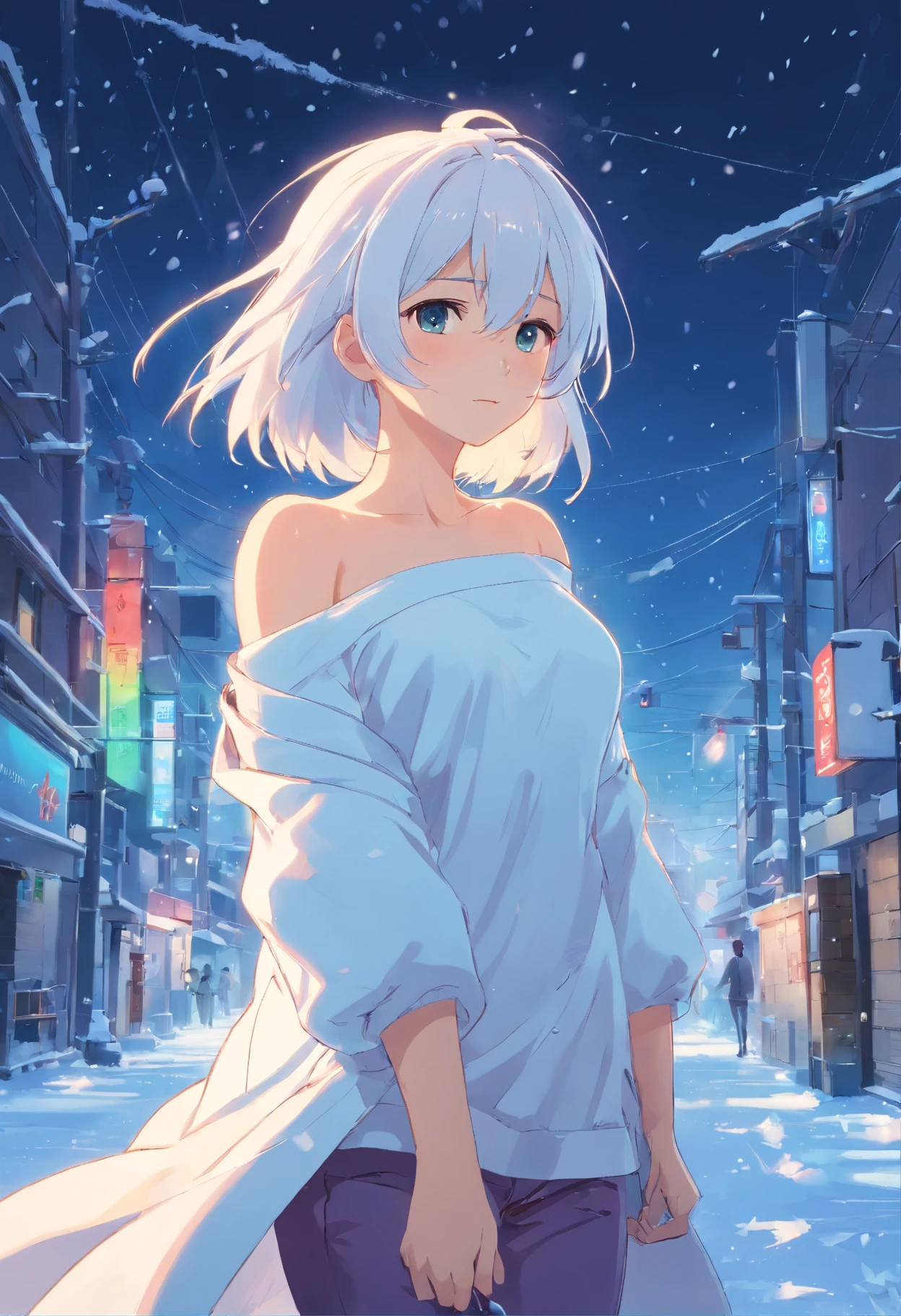 one-girl，White clothes，Off-the-shoulder attire，White hair，Huge breasts，cleavage，，Ice and snow，In the snow，Blizzarding，the street，neonlight，Open navel