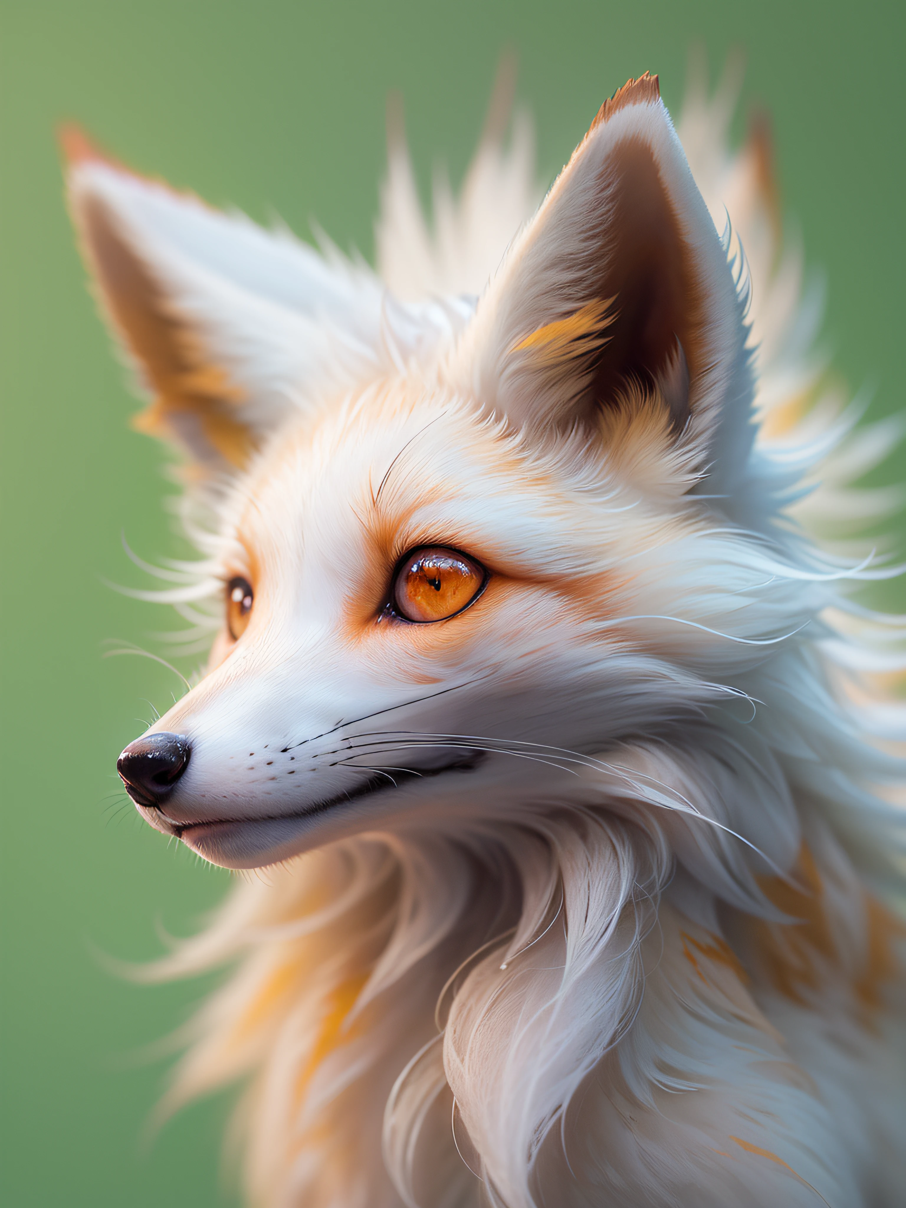 An ultra tiny, realistic, cute, digital art of a 9 tailed fox🦊, ultra closeup, on a high contrast bright background.