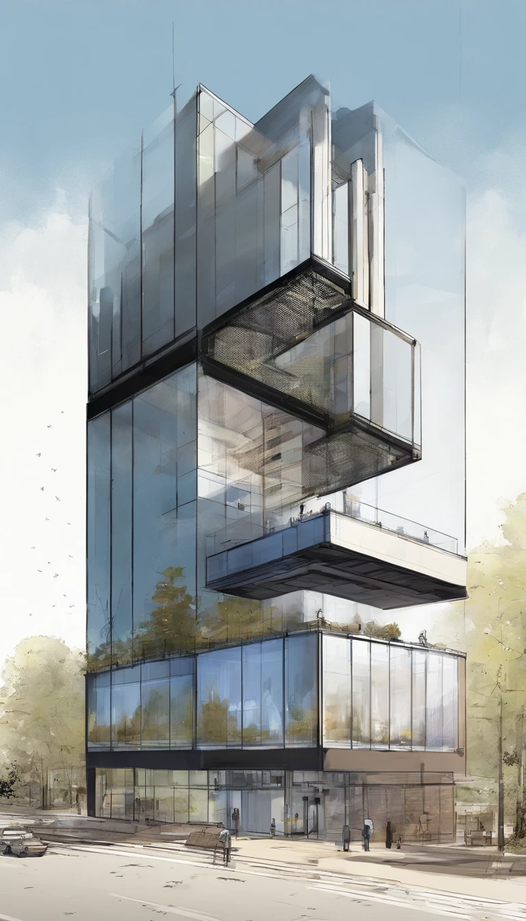 A drawing of a building with a glass facade and a sky background ...