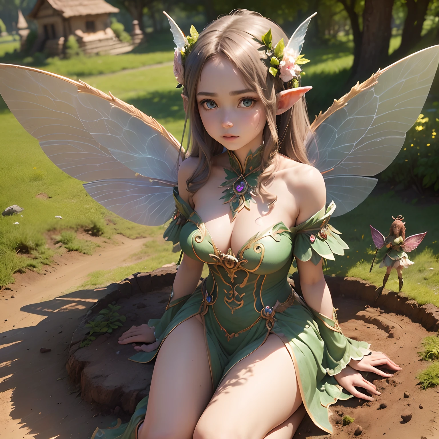 (Best Quality,Ultra-detailed,Realistic:1.37)、Earth Fairy、An 18-year-old woman、Anthropomorphism of the soil、(Sharp eyes:1.5)、Bewitching look、Earthen hair ornament、(Fairy with wings:1.5)、(Costumes with soil motifs、Emphasis on soil characteristics)、nature scenery、Full body