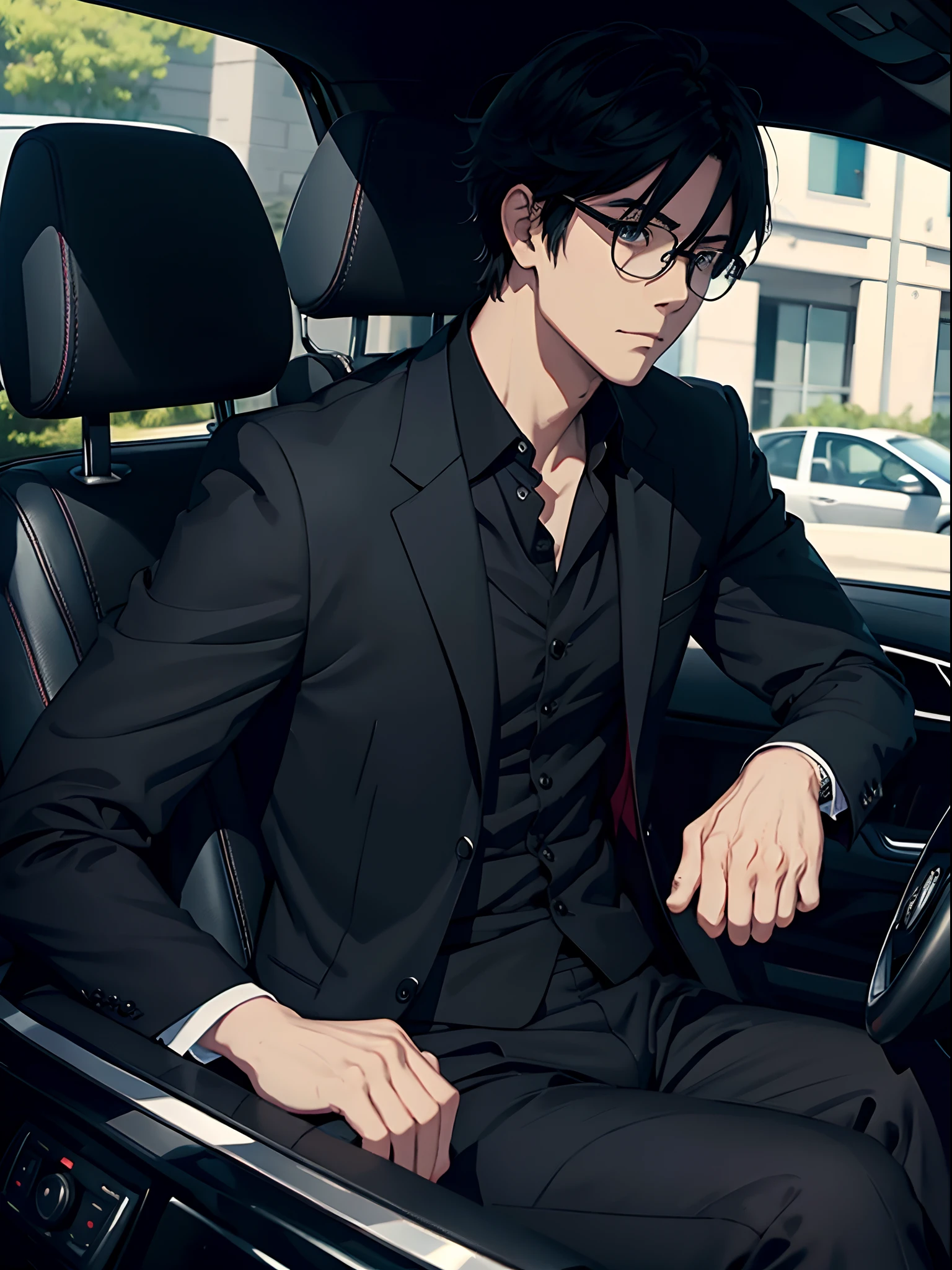 Anime man in car in black suit and dark glasses