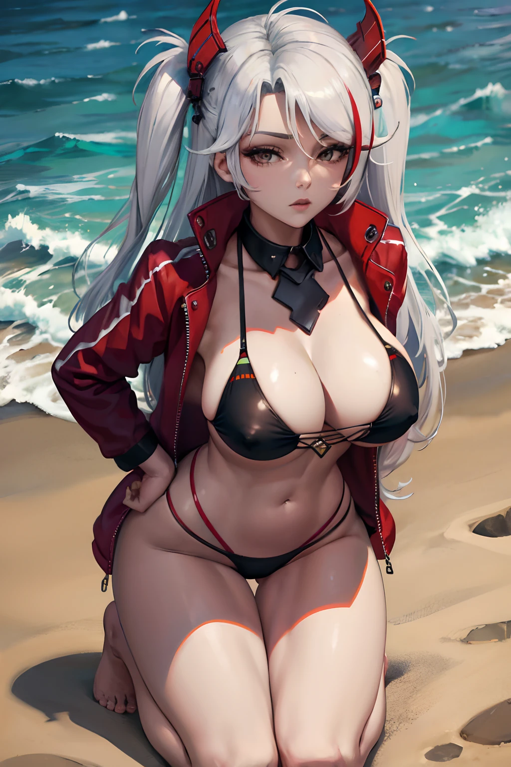 nfsw, masterpiece, Best Quality, PrinzV4, 1girl in, Solo, laying down, beach, Long hair, breasts, full body, barefoot, Looking at Viewer, Large breasts, Navel, Holding, White hair, Red hair, multicolored hair, Open jacket, striated hair, Black jacket, put hands on the hip, underboob, Headgear, a flag, Pending Flag, Poses that emphasize breasts,top-quality, Bikini swimwear, Black swimsuit, (Masterpiece, Best Quality:1.3), highres, (8k resolution), (ultra-detailed portrait:1.1), stop motion, horror, outdoors, no humans, scenery, photorealistic, (details:1.2), volumetric lighting