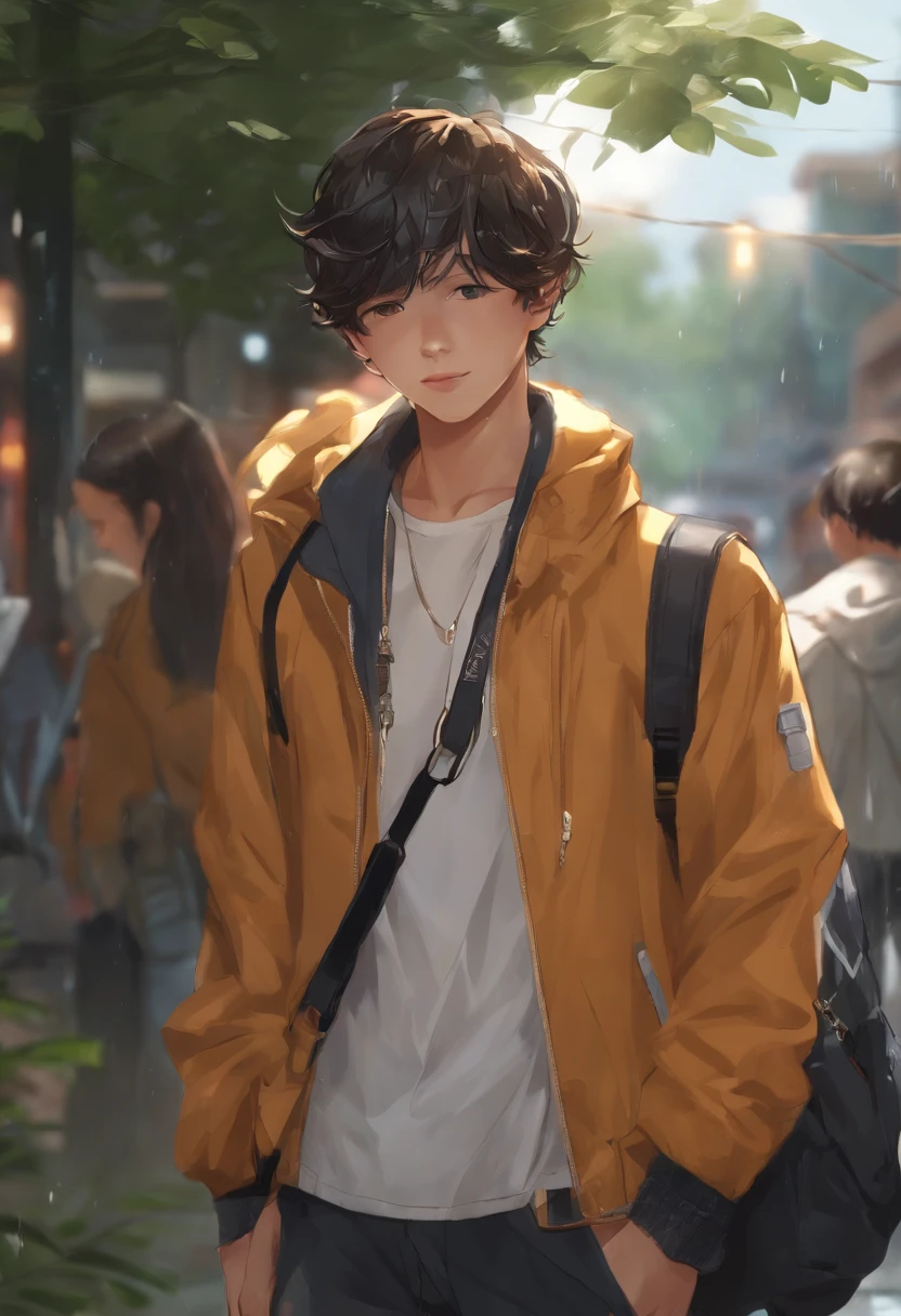 1boy, Jacket, Rain, plein air, Sweatshirt, Open jacket, chain, backpack, Looking At Other, Hair splits in the middle, Tanned skin, Sex of boys, boy focus, Trending in art stations, 8K resolution, Highly detailed, Anatomically correct, Sharp Image, Digital Painting, Concept art, Pixiv Trends, Shinkai Makoto style,