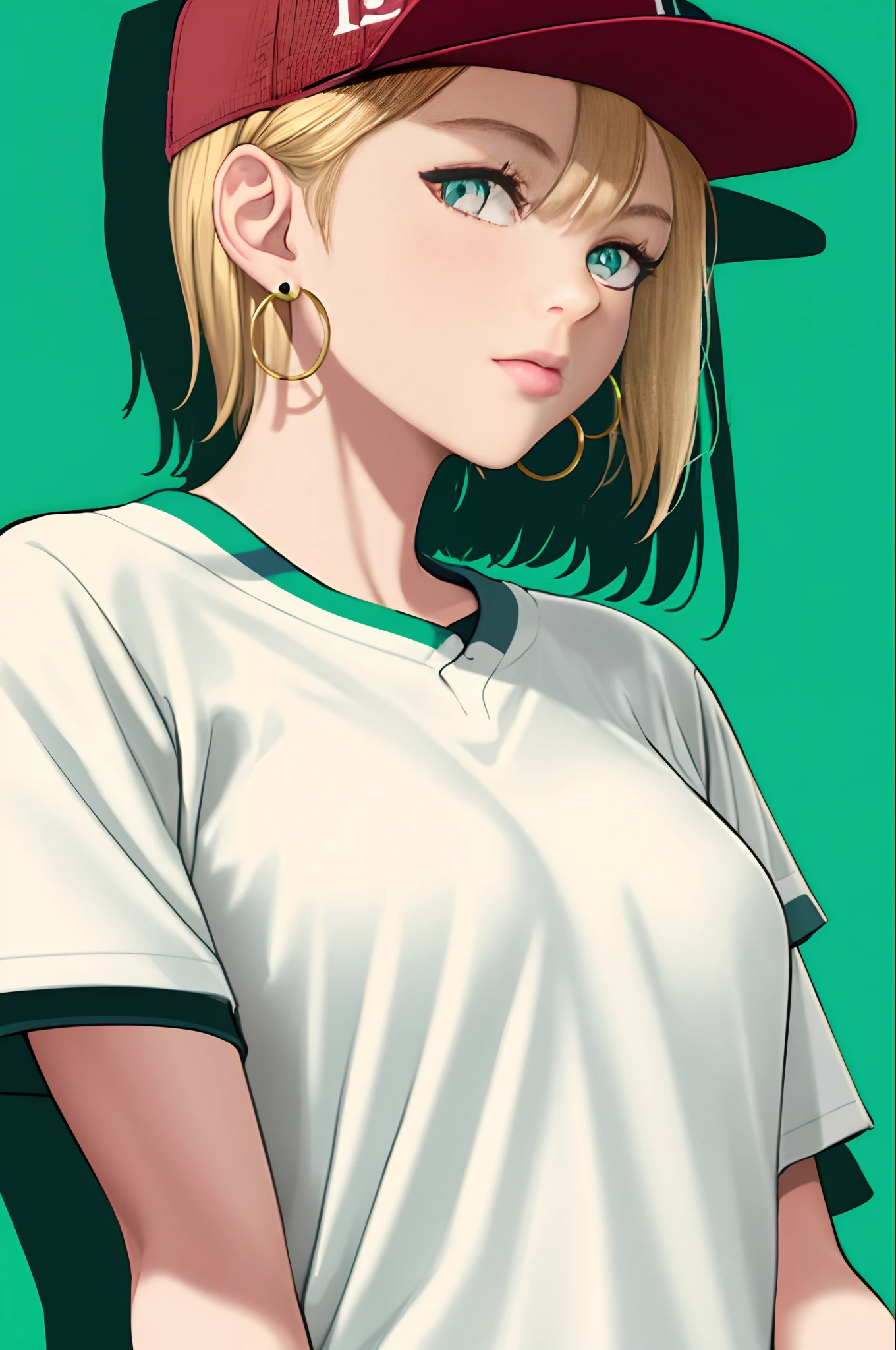 sciamano240, masterpiece, best quality, 1girl, aqua eyes, baseball cap, blonde hair, closed mouth, earrings, green background, hat, hoop earrings, jewelry, looking at viewer, shirt, short hair, simple background, solo, upper body, yellow shirt,
(masterpiece), (best quality), (ultra-detailed), (best illustration), (best shadow), (an extremely delicate and beautiful)